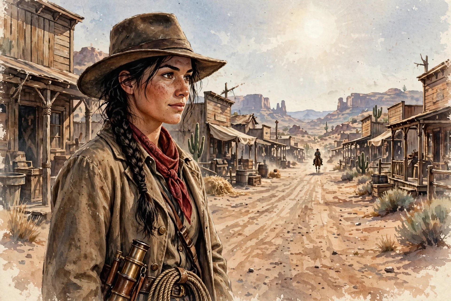 AI-generated scene of Cassidy Brooks in a frontier town street at high noon