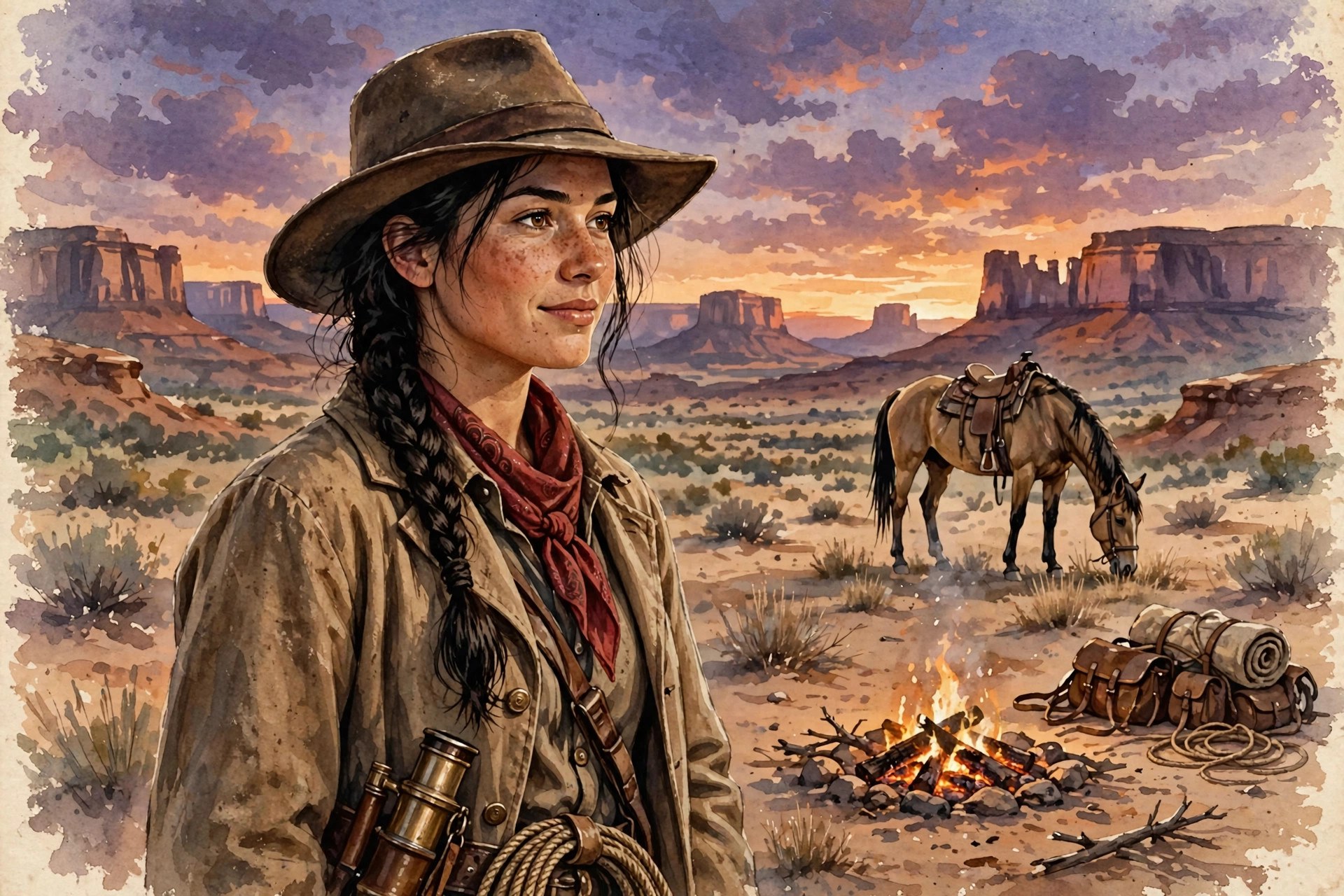 AI-generated scene of Cassidy Brooks at a desert campsite at dusk