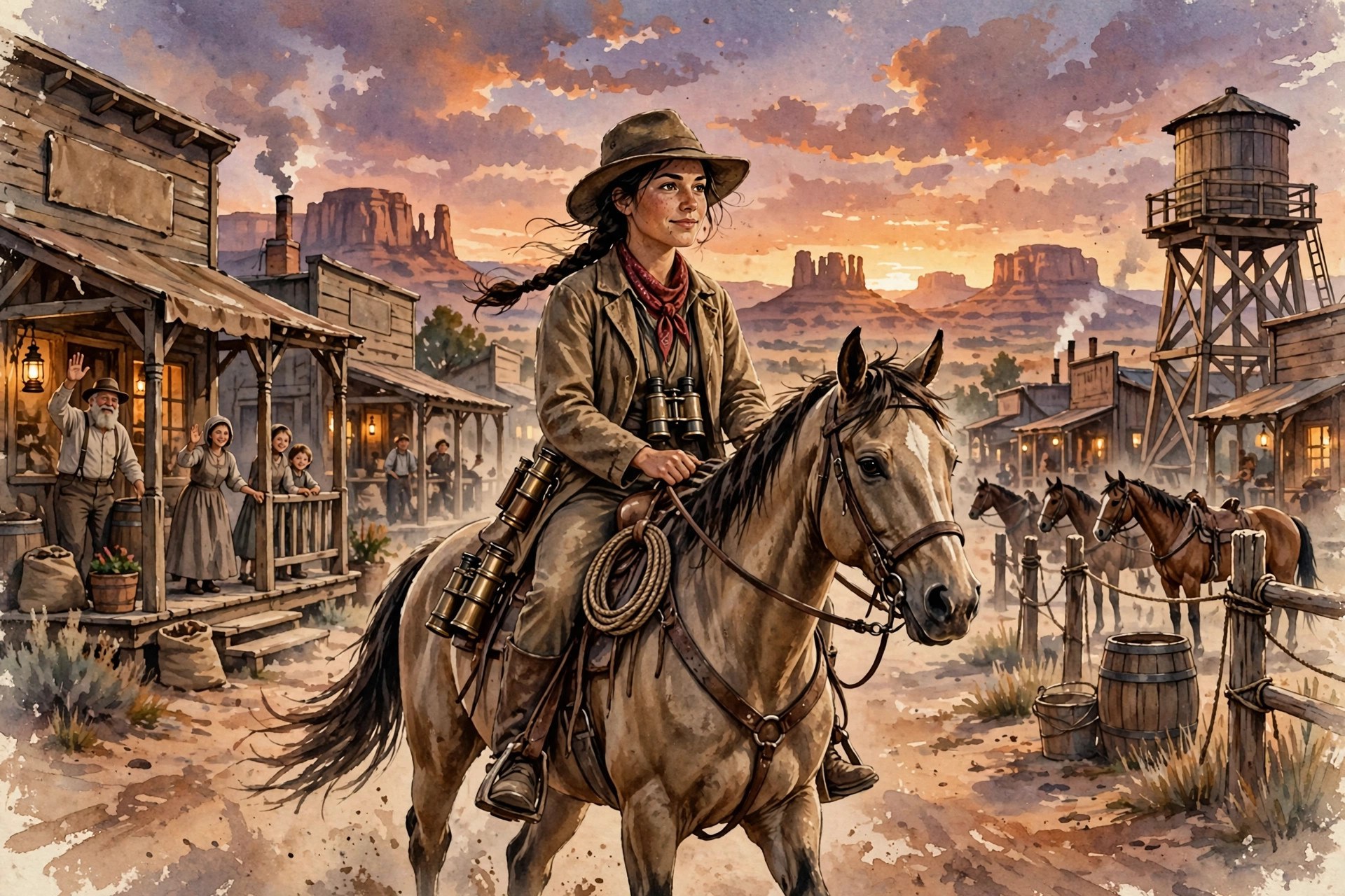AI-generated scene of Cassidy Brooks riding into a frontier town at sunset