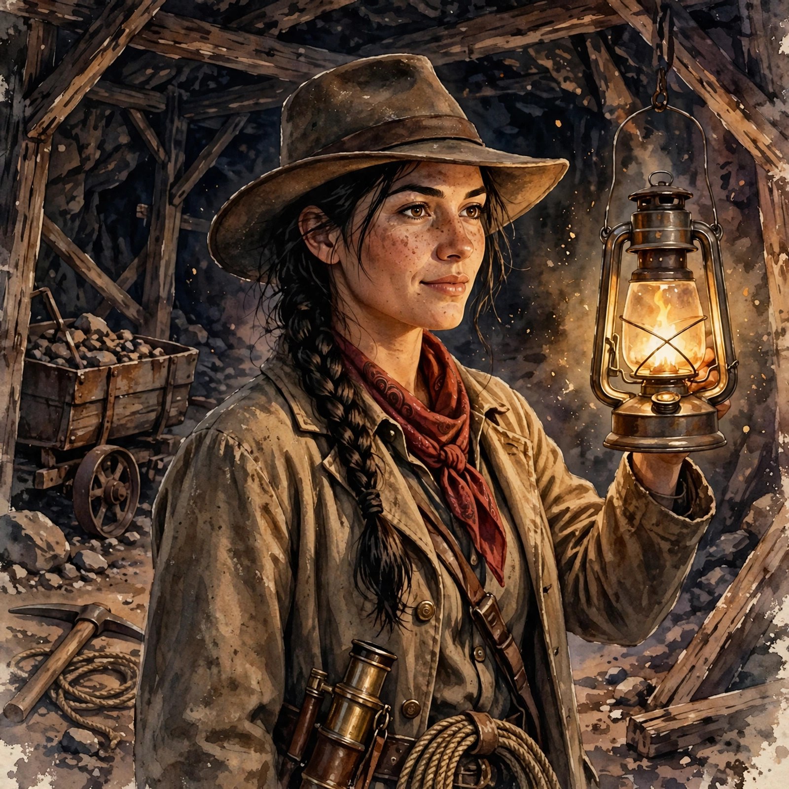 AI-generated scene of Cassidy Brooks with a lantern in an old mine shaft