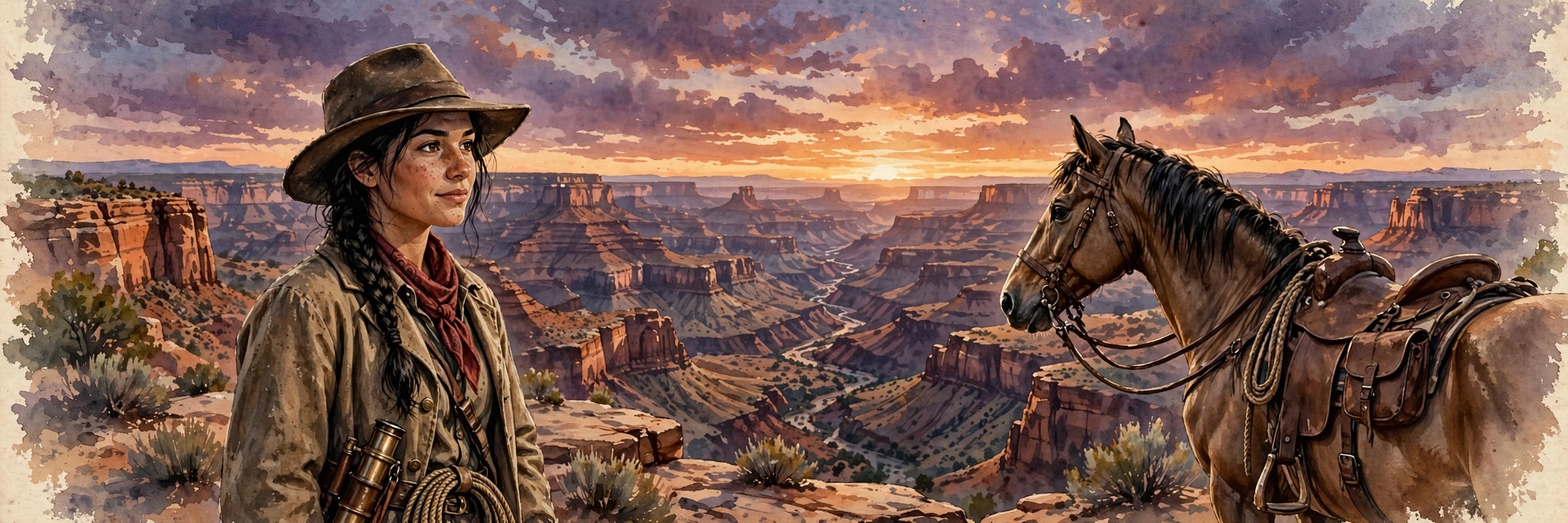 AI-generated wide banner of Cassidy Brooks with trail gear, desert dusk behind