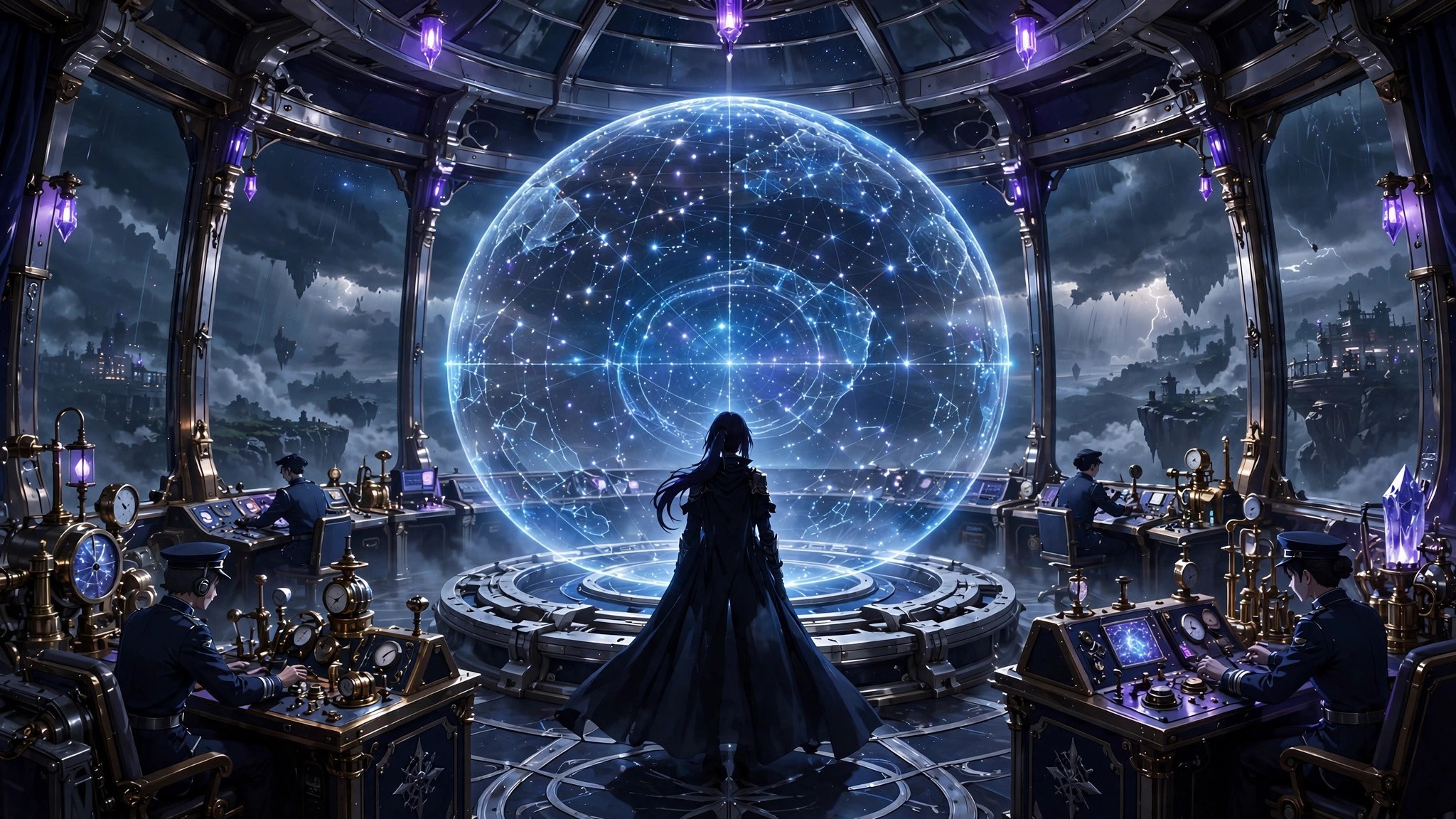 AI-generated dramatization: the glass-walled command deck with its turning holographic star chart