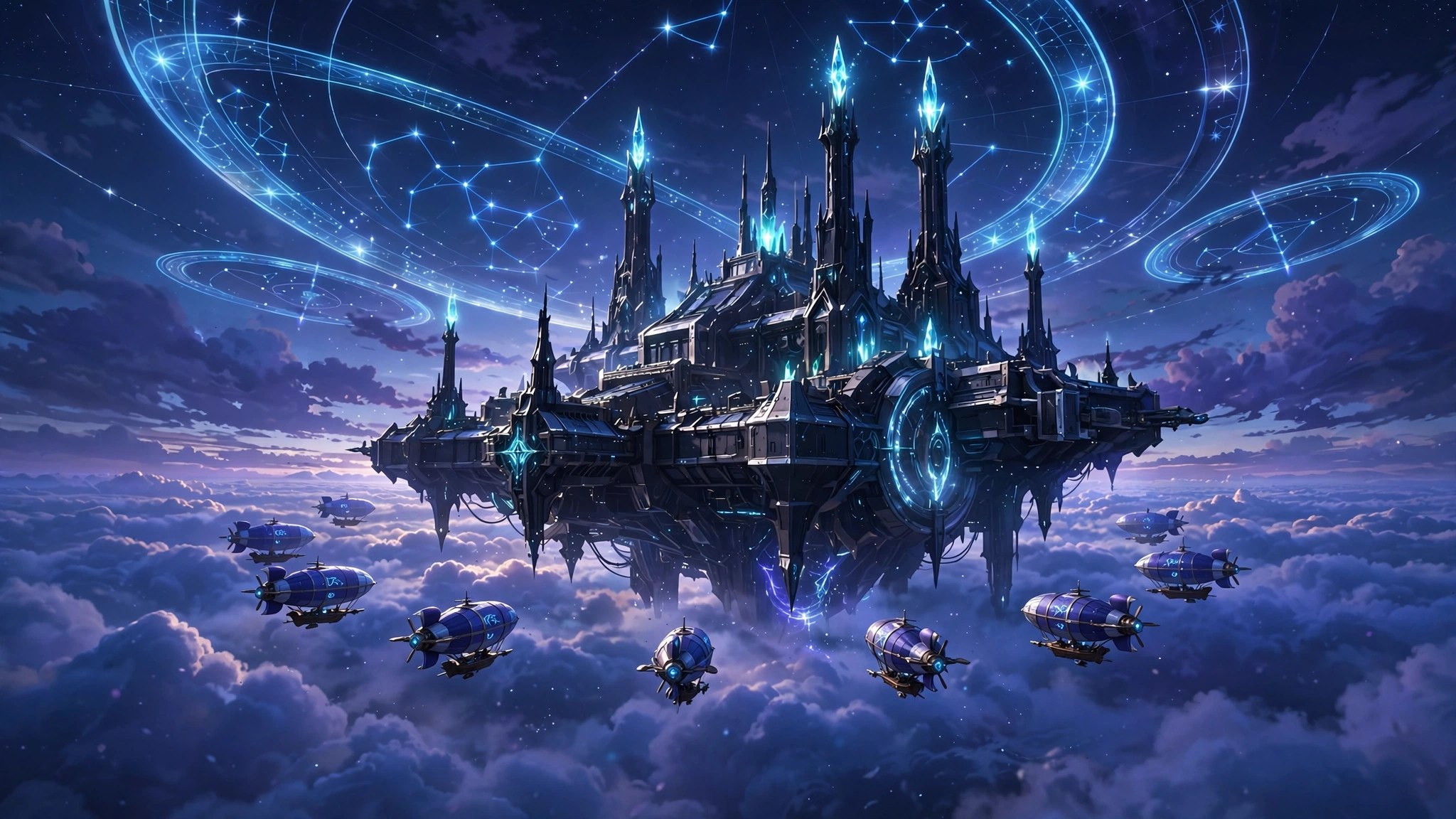 AI-generated dramatization: the sky fortress floating above the cloud sea at dawn, ringed by its airship fleet