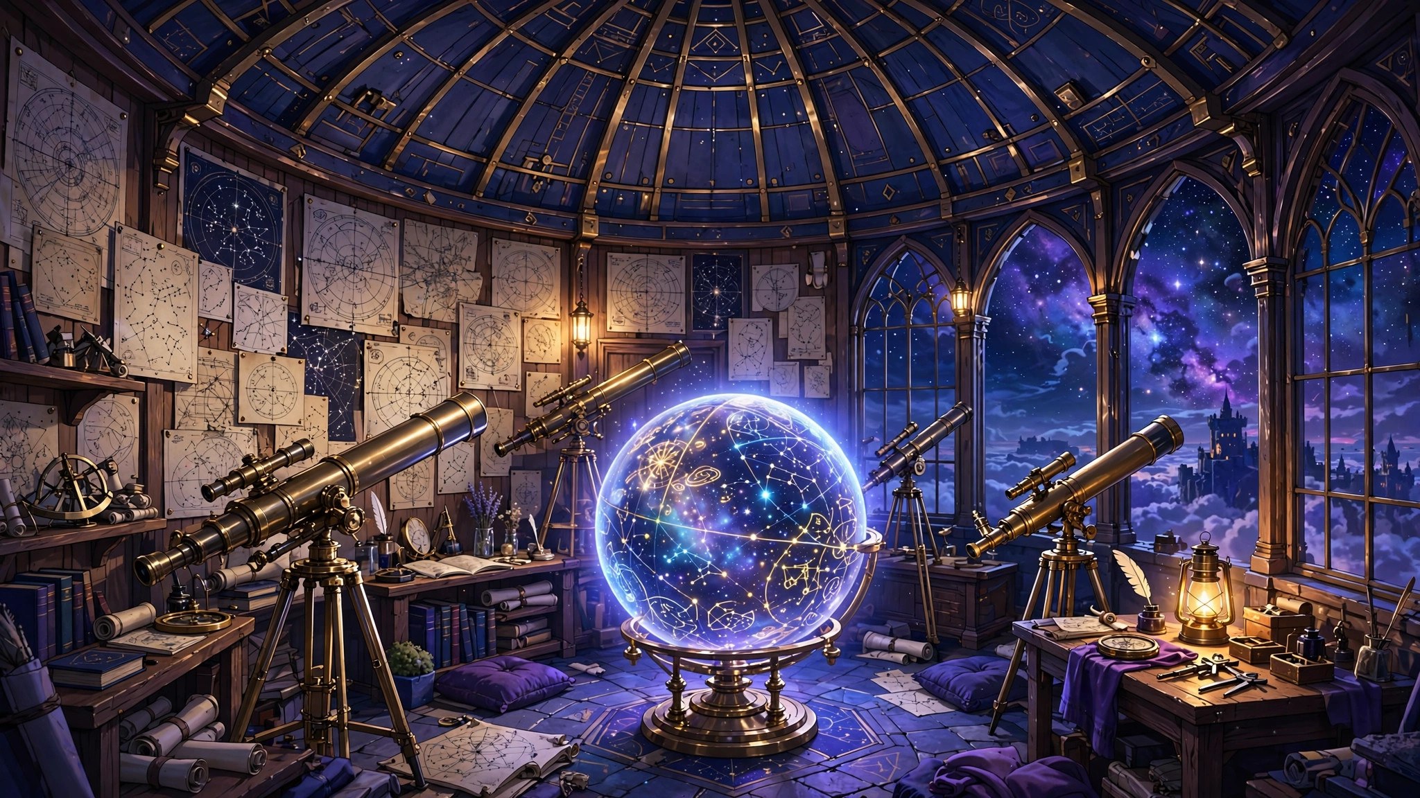 AI-generated dramatization: the observatory dome with brass telescopes and star charts