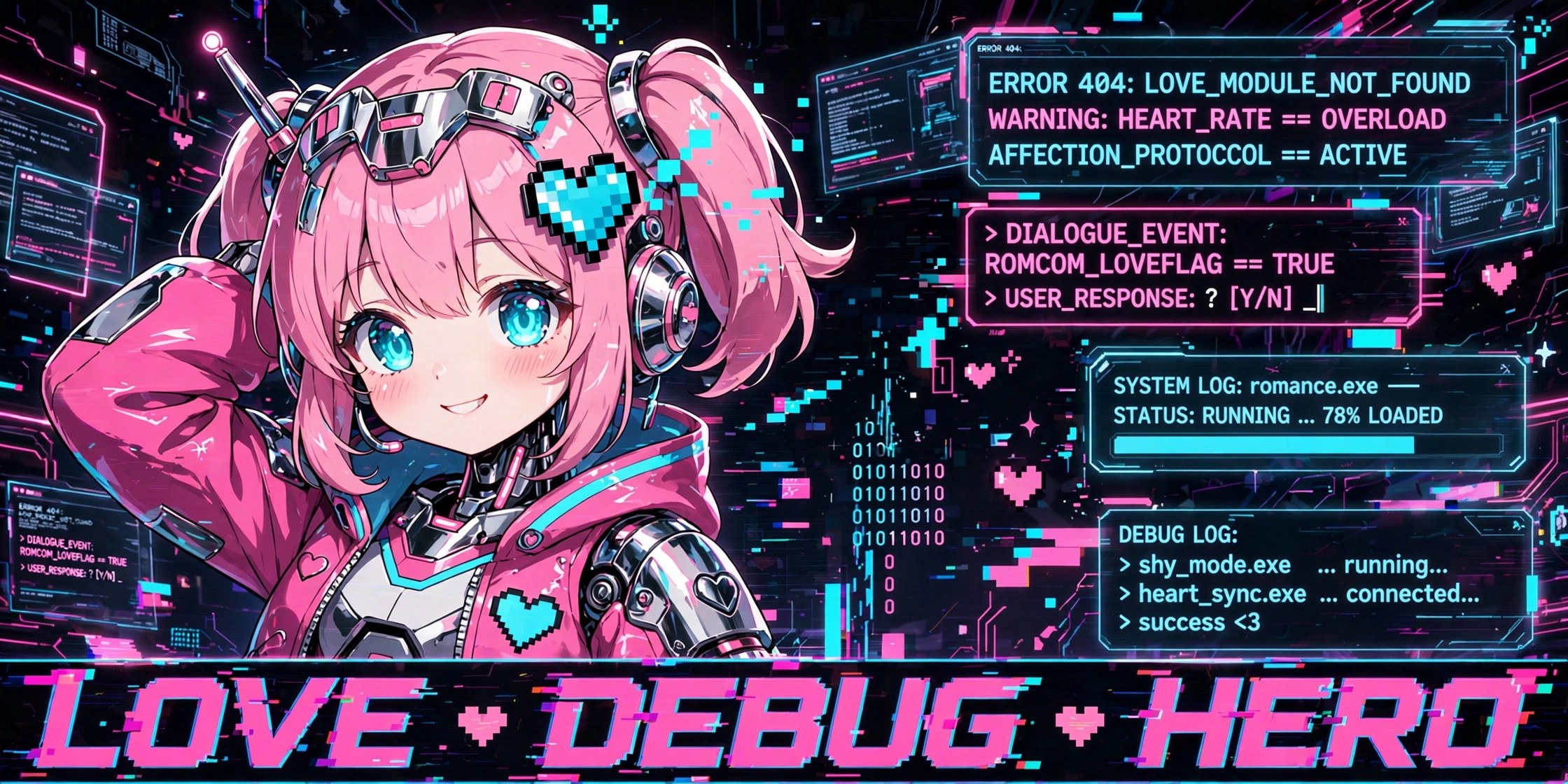 Cora, a pink-and-chrome robot girl with glowing cyan eyes, surrounded by glitchy terminal windows and pixel hearts