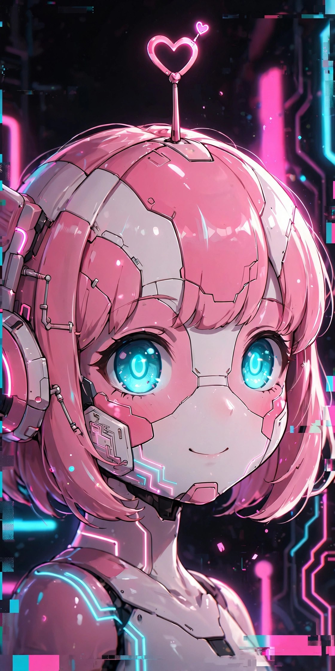 Portrait of Cora, a pink robot girl with glowing cyan eyes and a heart-shaped antenna