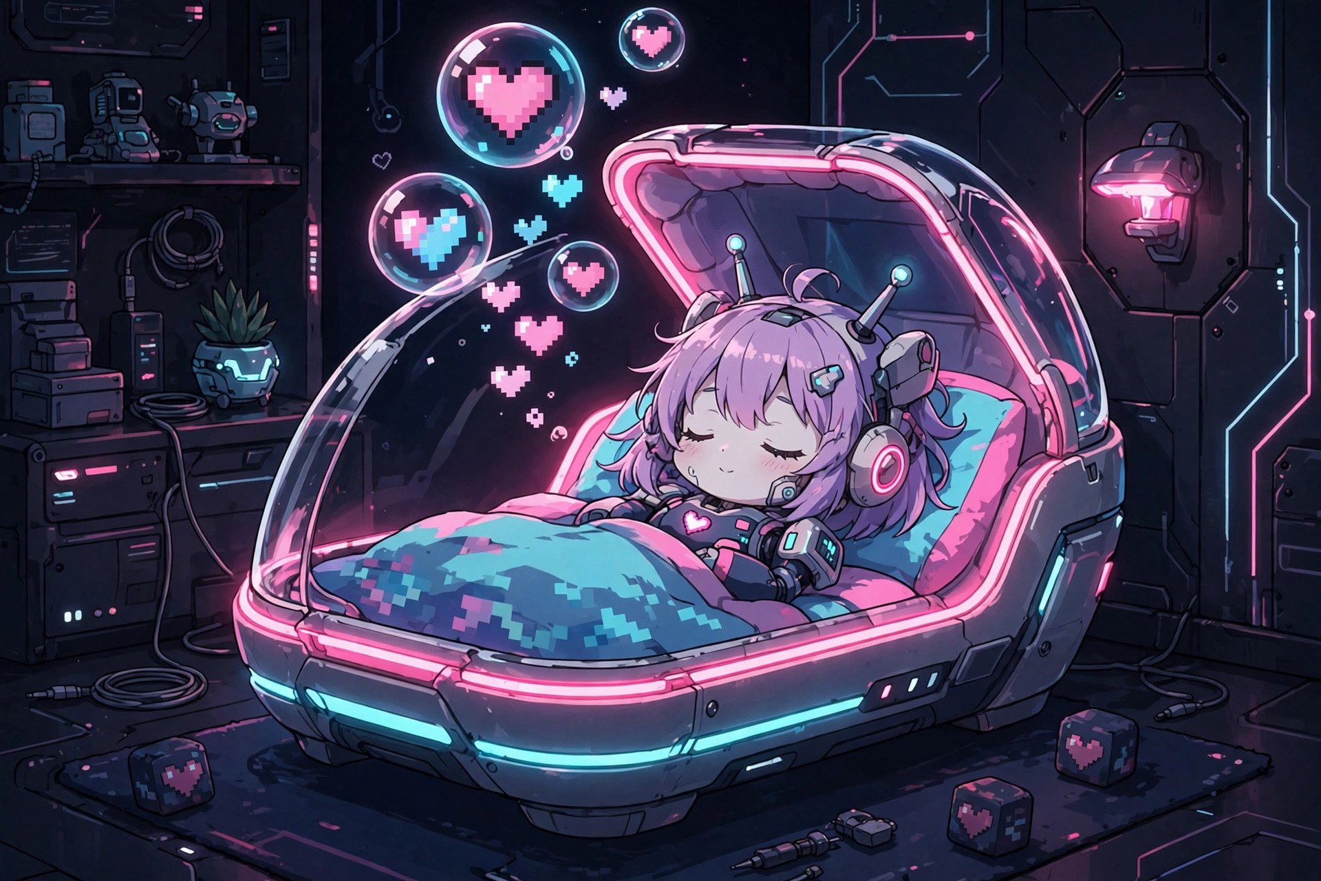 Cora asleep in a glowing charging pod