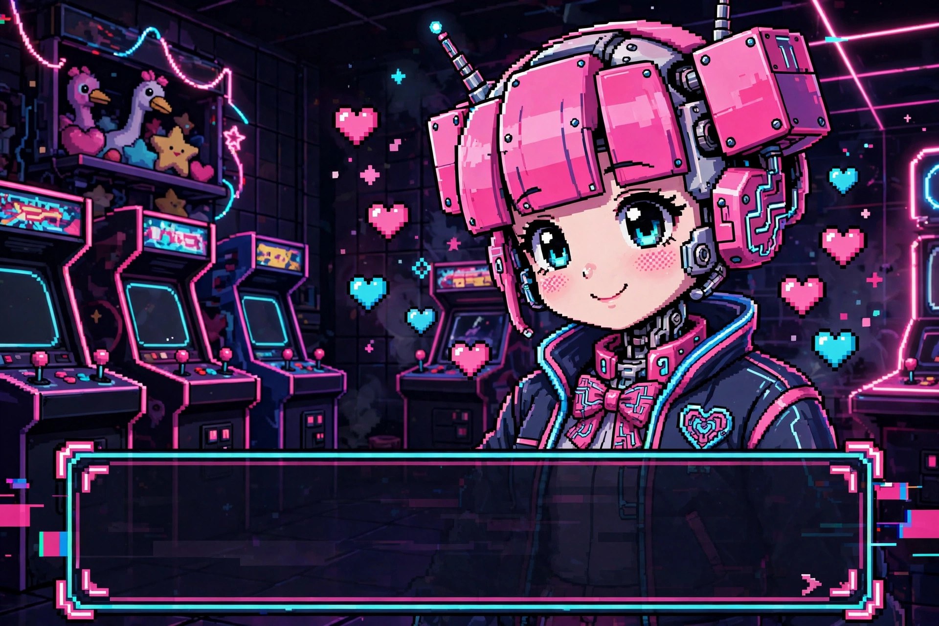 Cora on a neon arcade date, dating-sim style