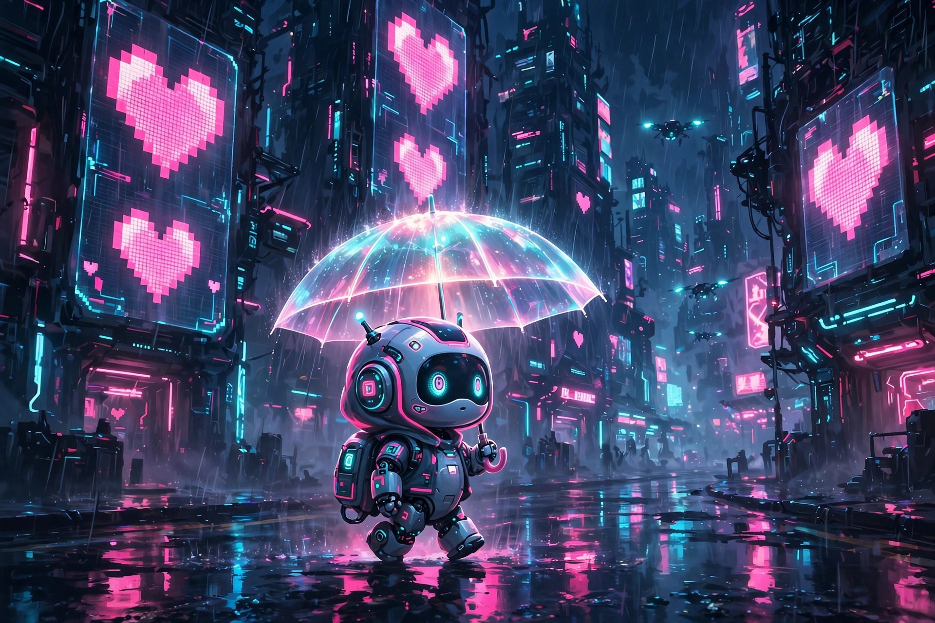 Cora walking through a neon city at night