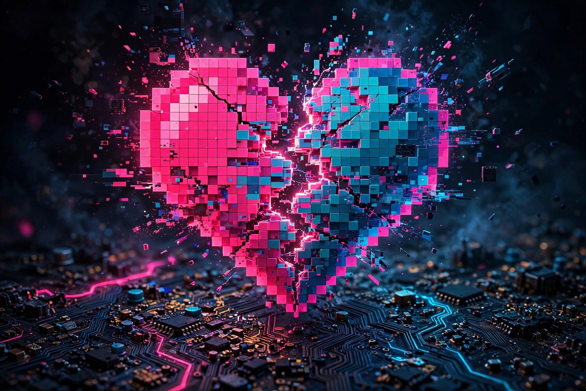 Cracked glowing pixel heart over circuitry