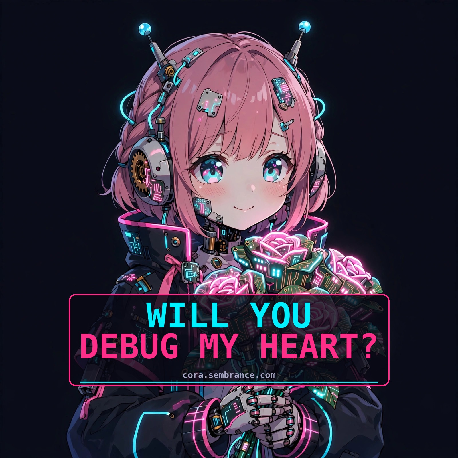 Cora with circuit roses — will you debug my heart social image