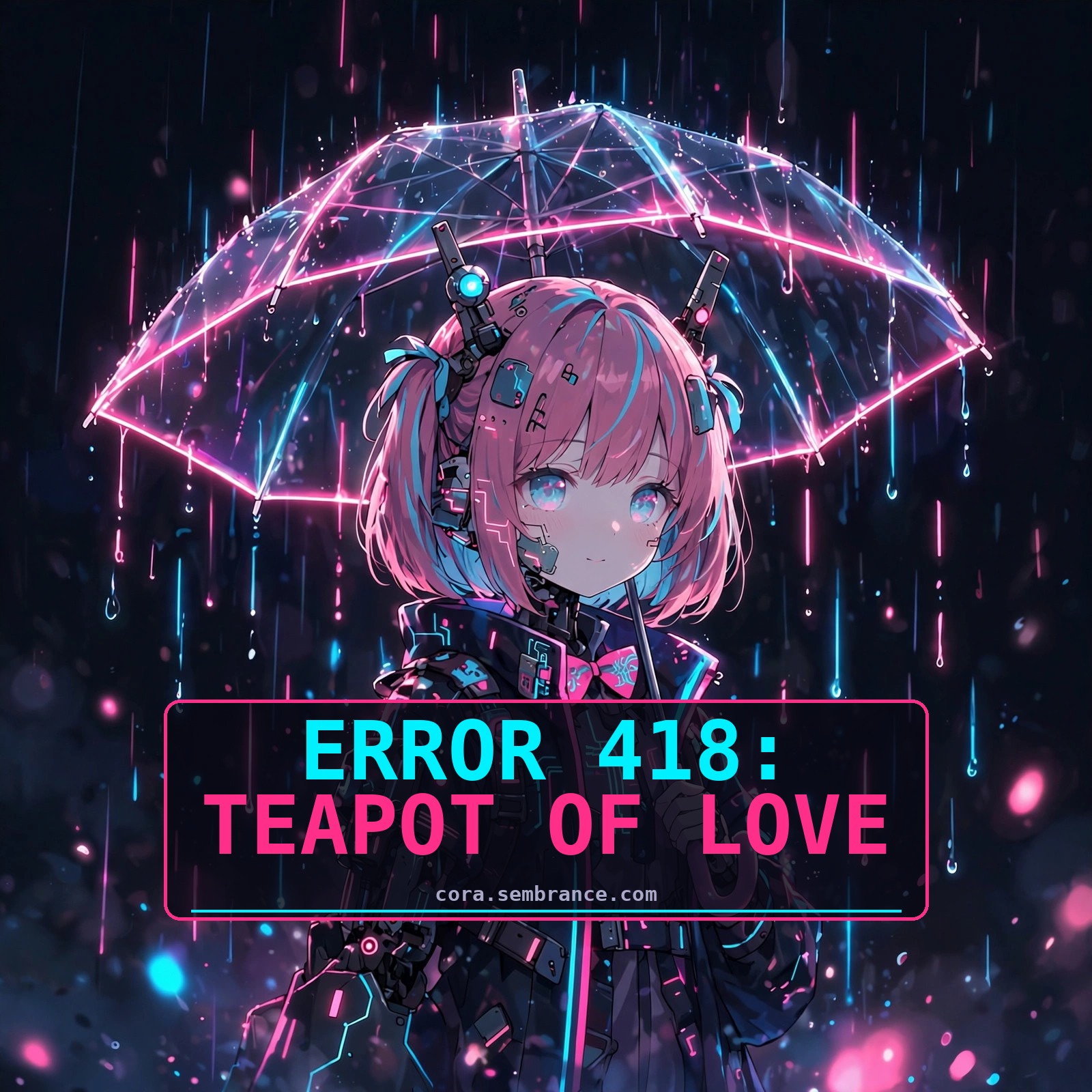 Cora in neon rain — error 418 teapot of love social image
