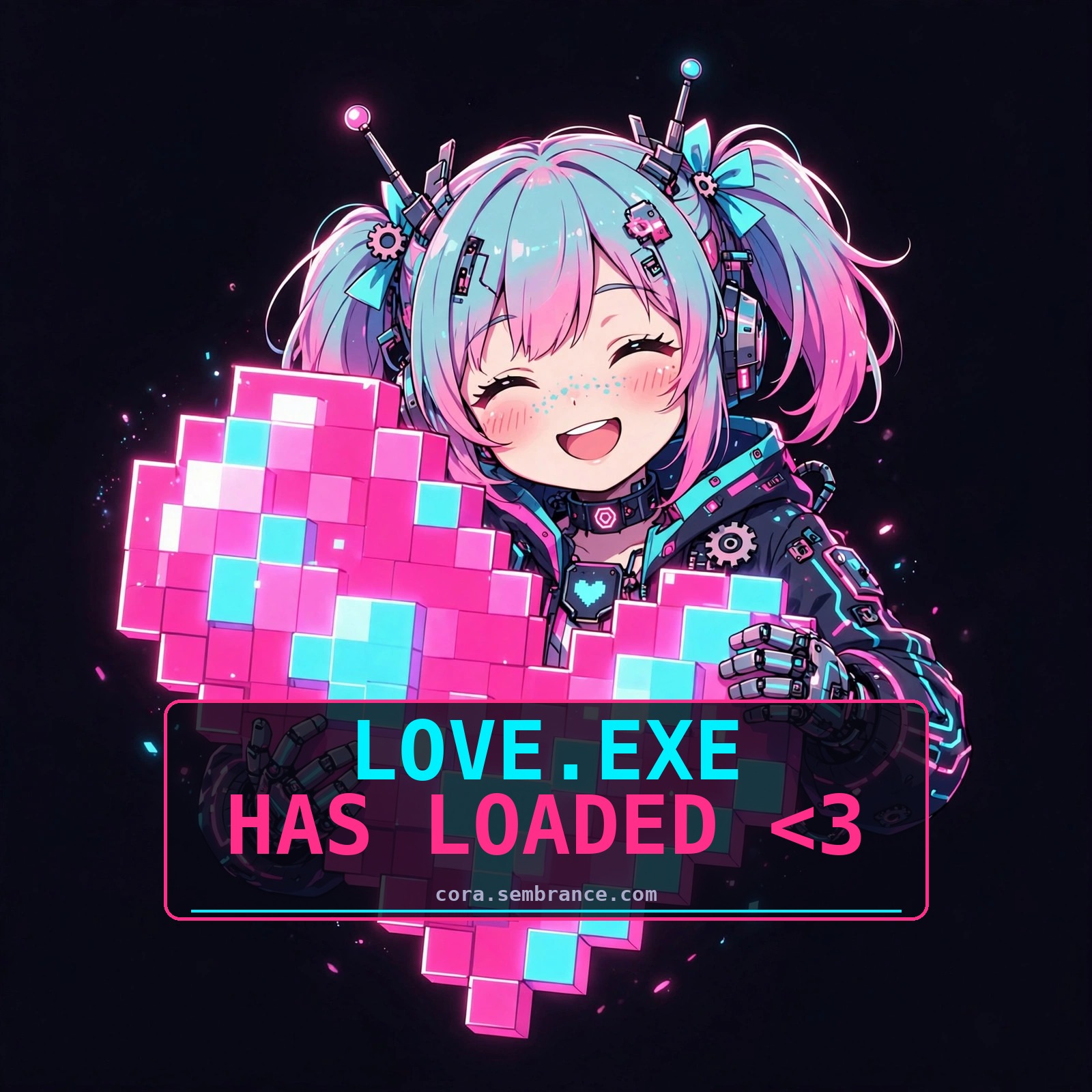 Cora hugging a pixel heart — love.exe has loaded social image