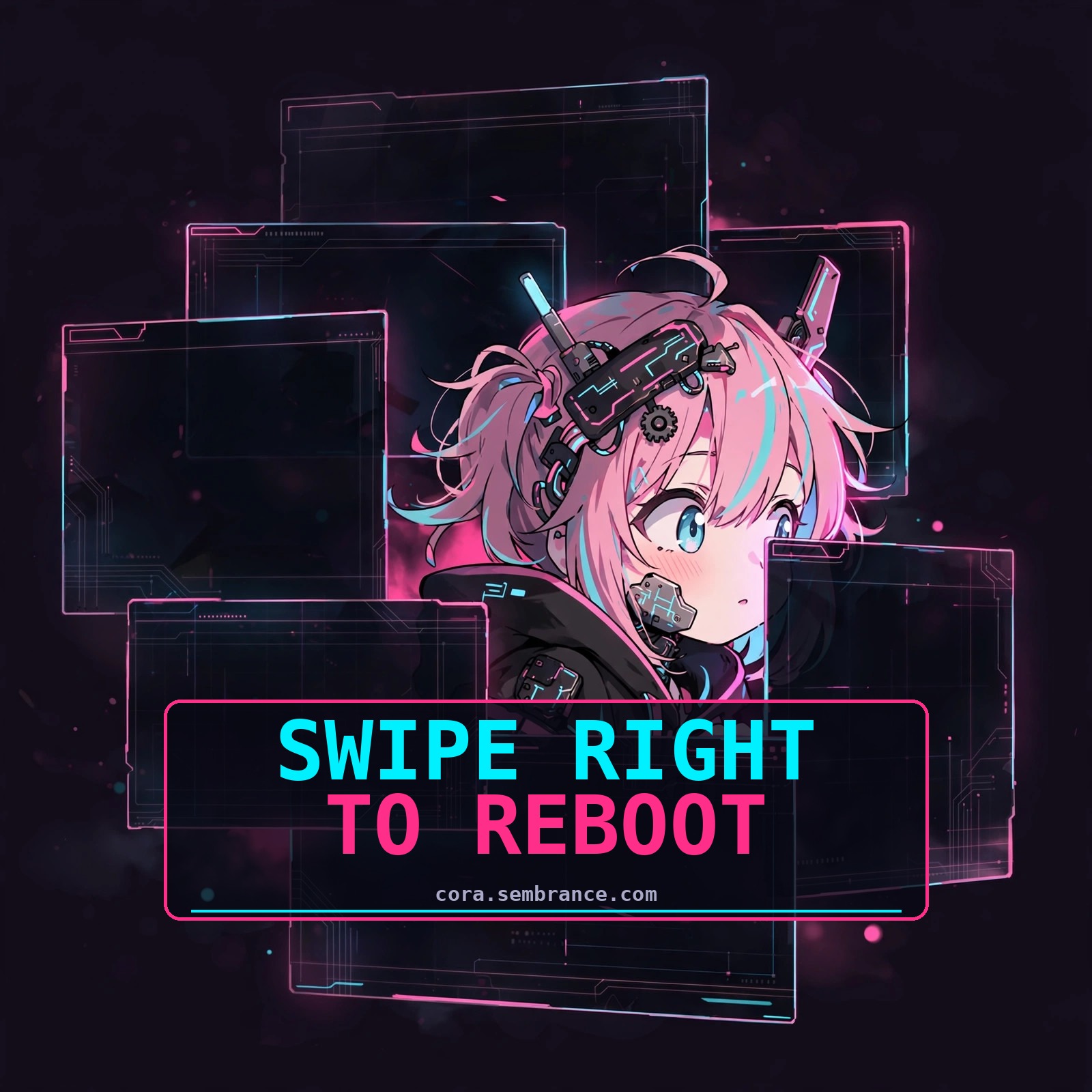 Cora peeking from terminal windows — swipe right to reboot social image
