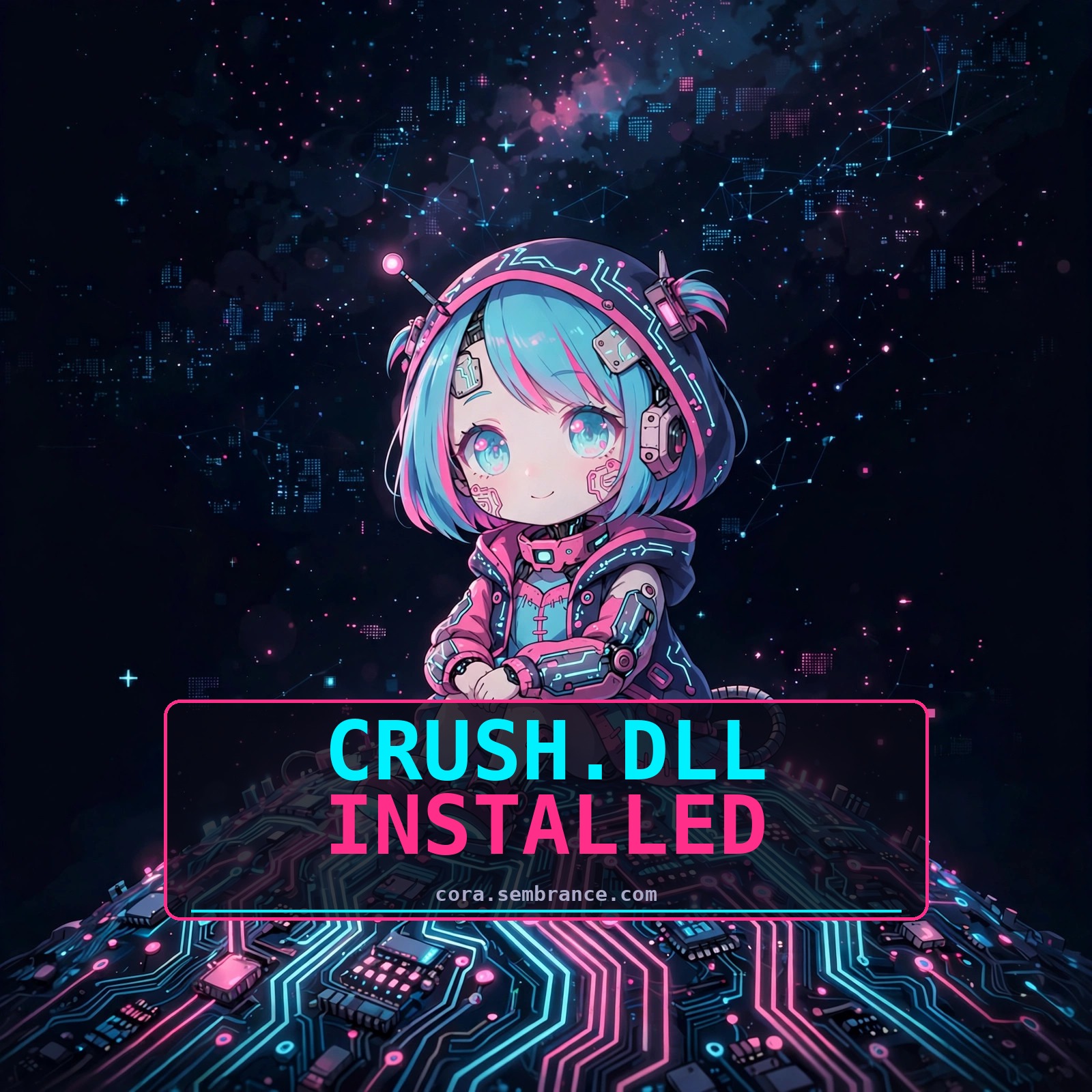 Cora under a digital sky — crush.dll installed social image
