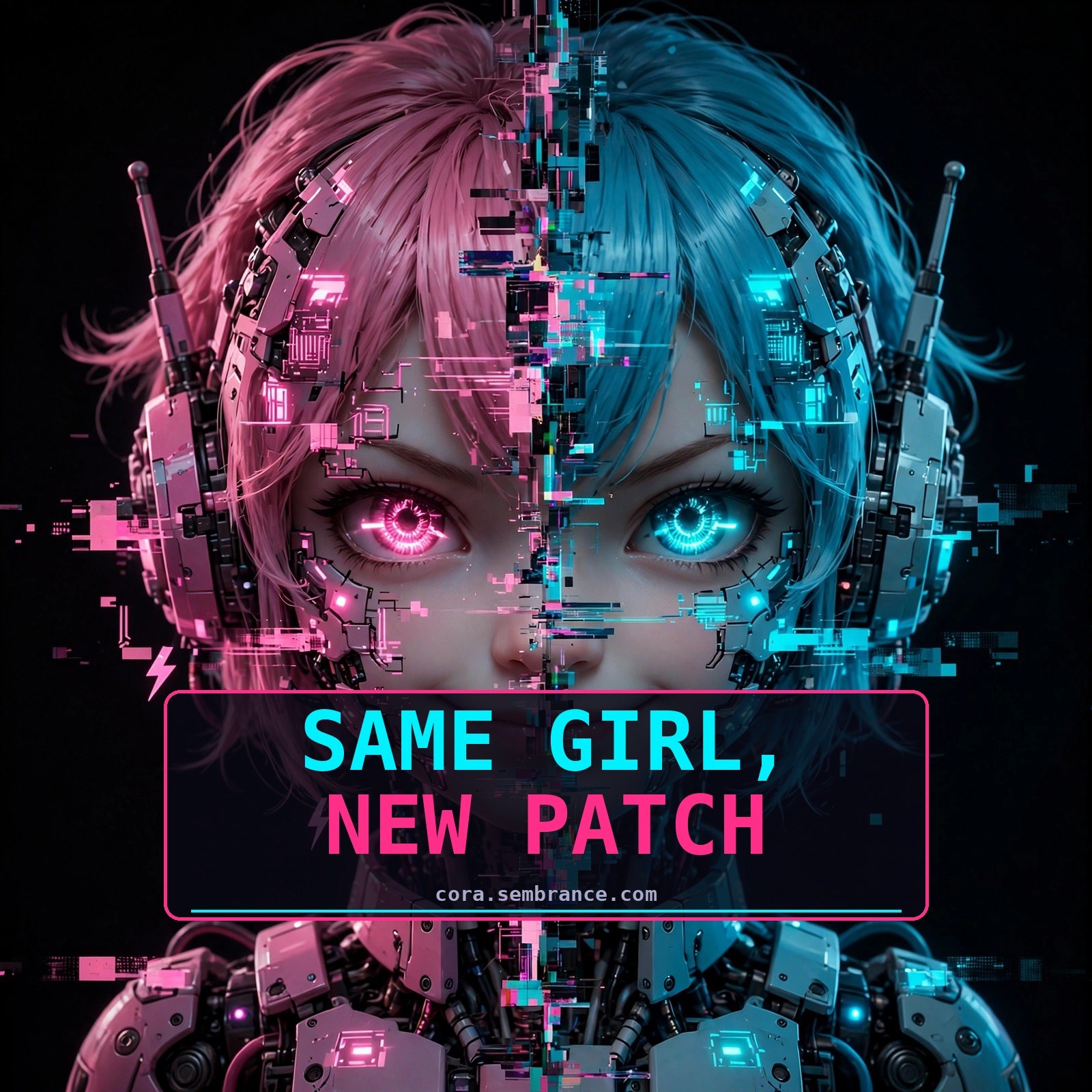 Cora glitch split portrait — same girl new patch social image