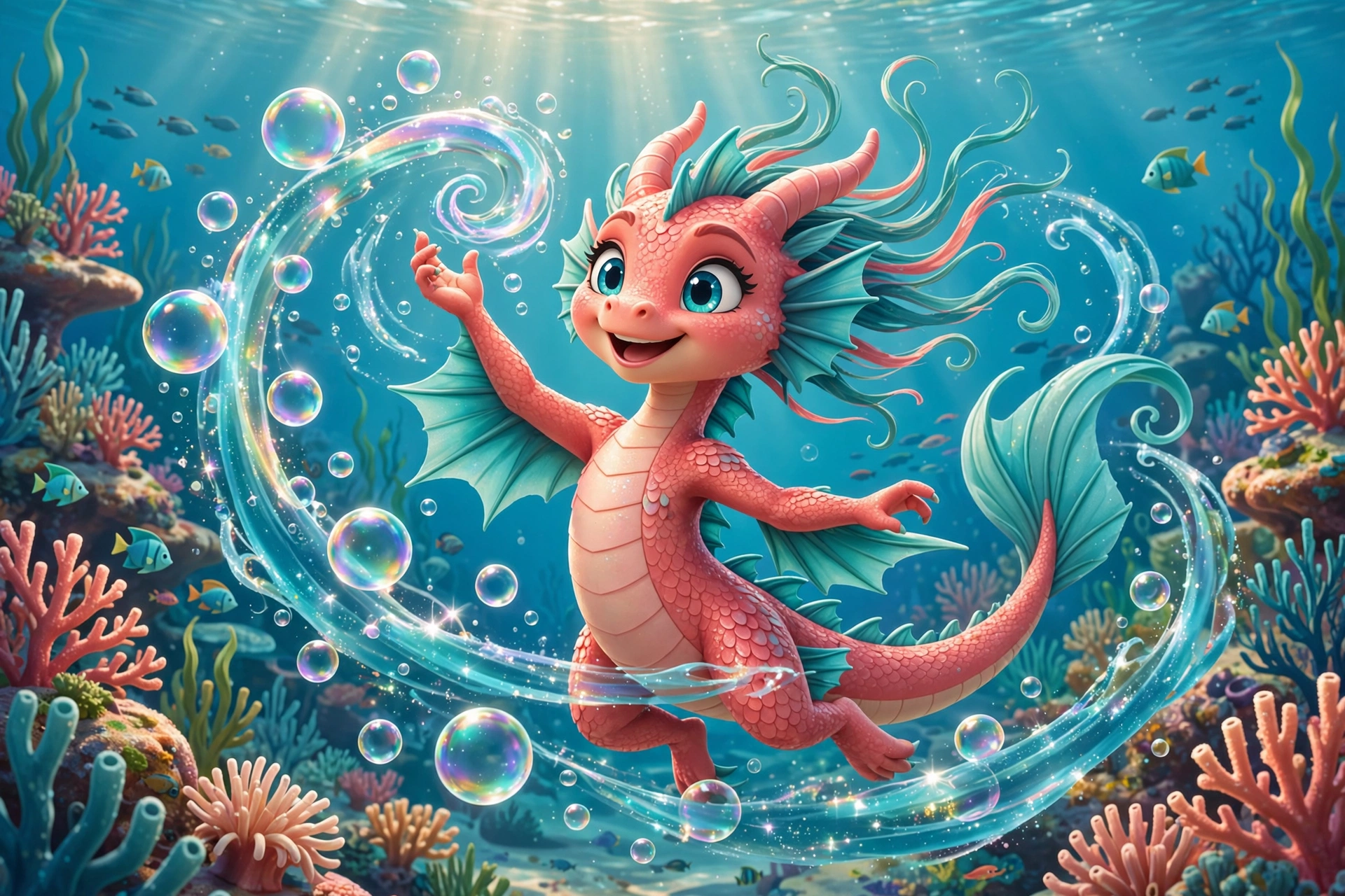 Coral Splash twirling underwater, conjuring a swirl of glowing iridescent bubbles and turquoise water ribbons