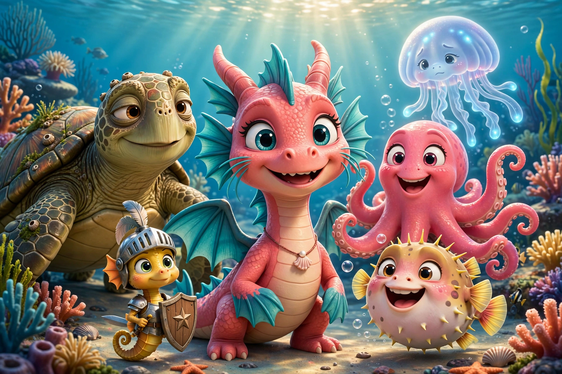 Coral Splash in the center of her reef creature friends: sea turtle, octopus, seahorse knight, pufferfish, jellyfish