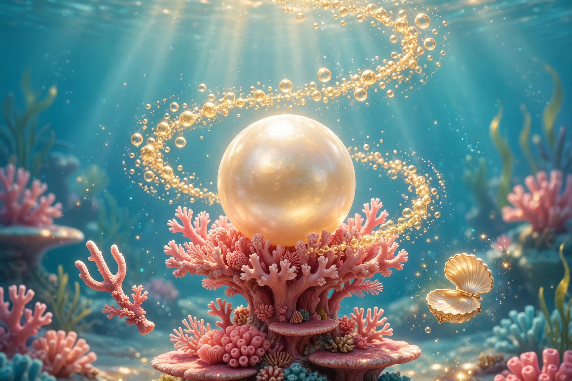 A glowing giant pearl on a coral pedestal surrounded by golden bubbles, with a coral trident and shell locket