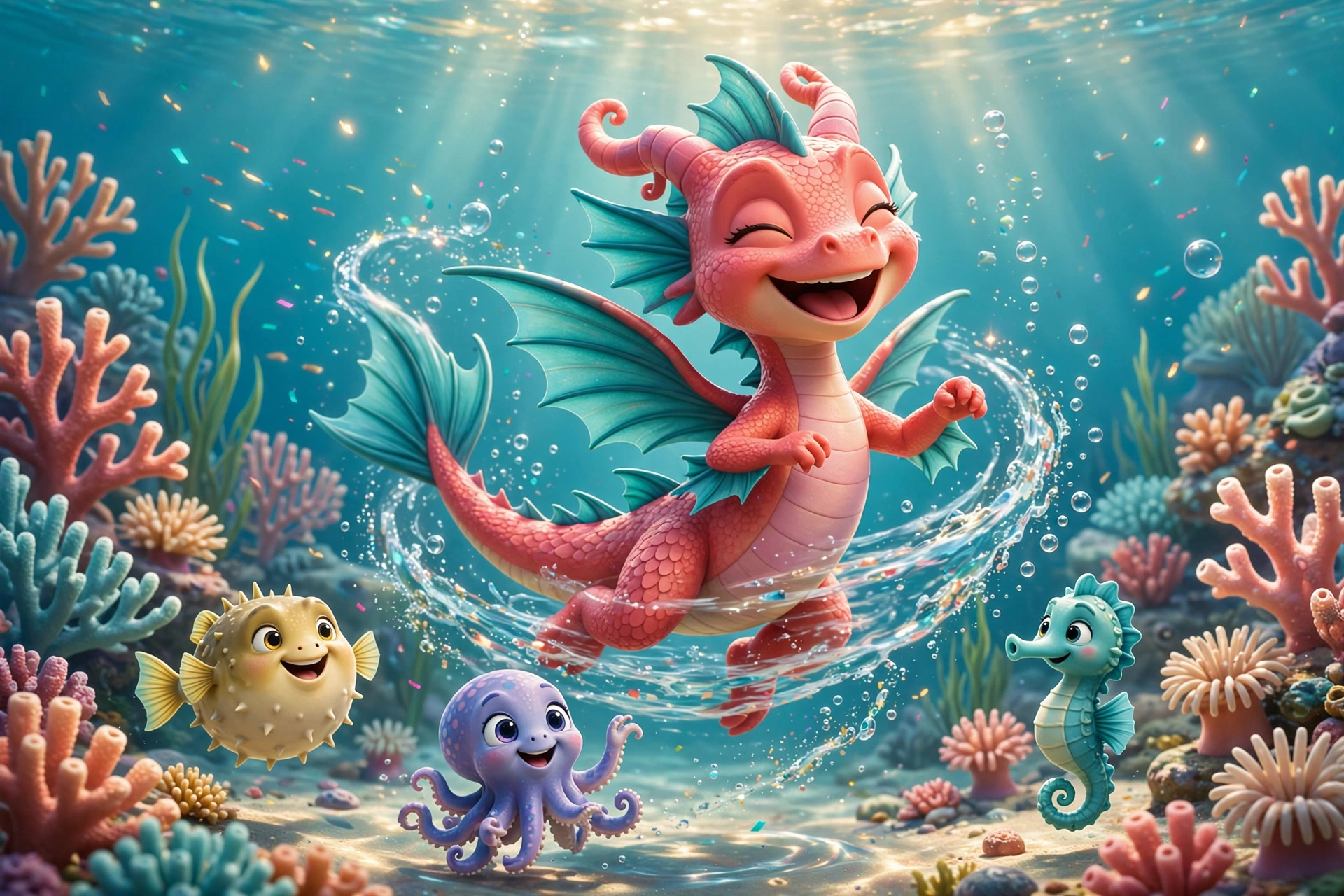 Coral Splash laughing mid-twirl underwater, scattering sparkling bubbles among tiny sea creature friends