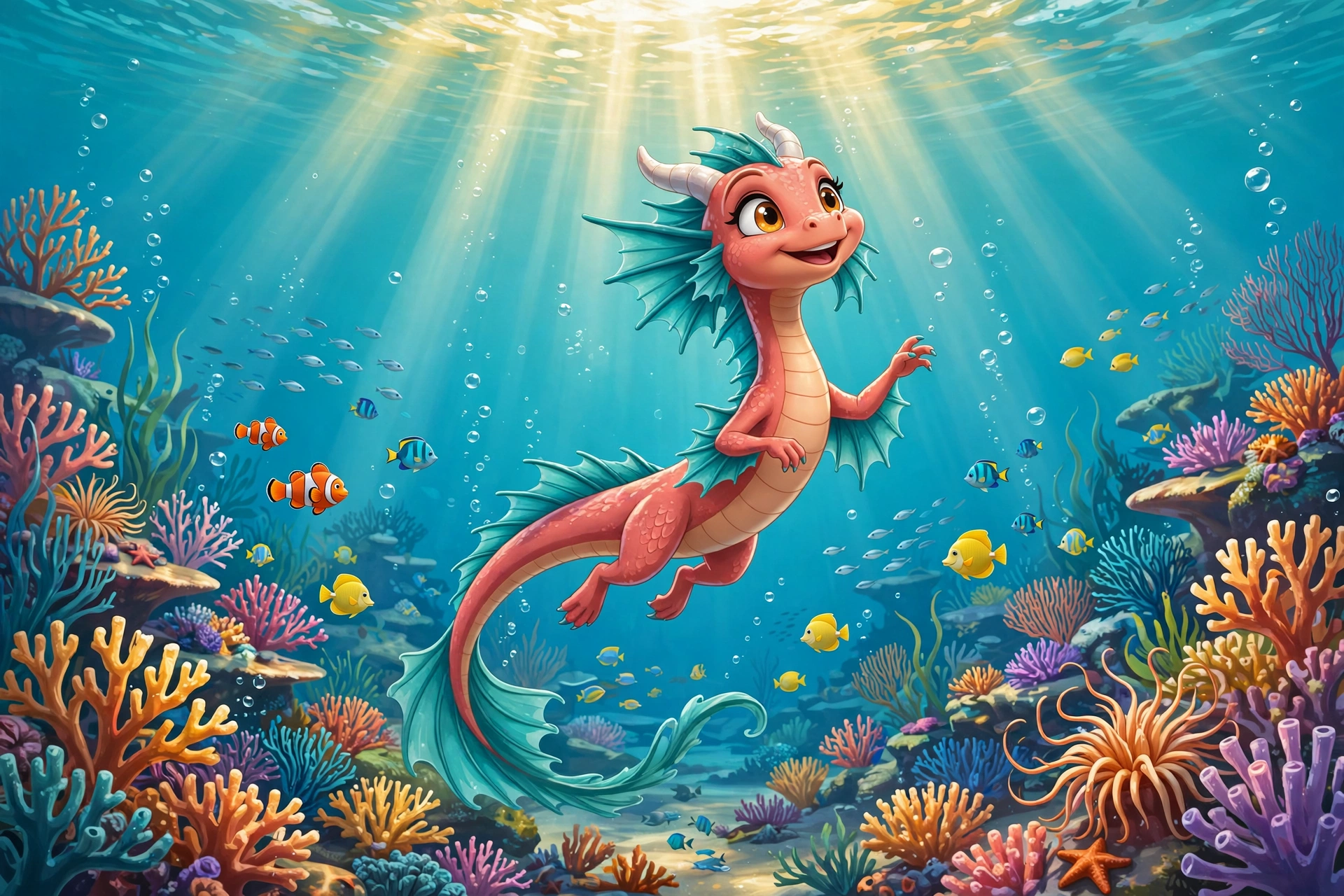 Coral Splash, a playful aquatic dragon girl with coral-pink scales and teal fins, swimming joyfully upward through a sunlit coral reef