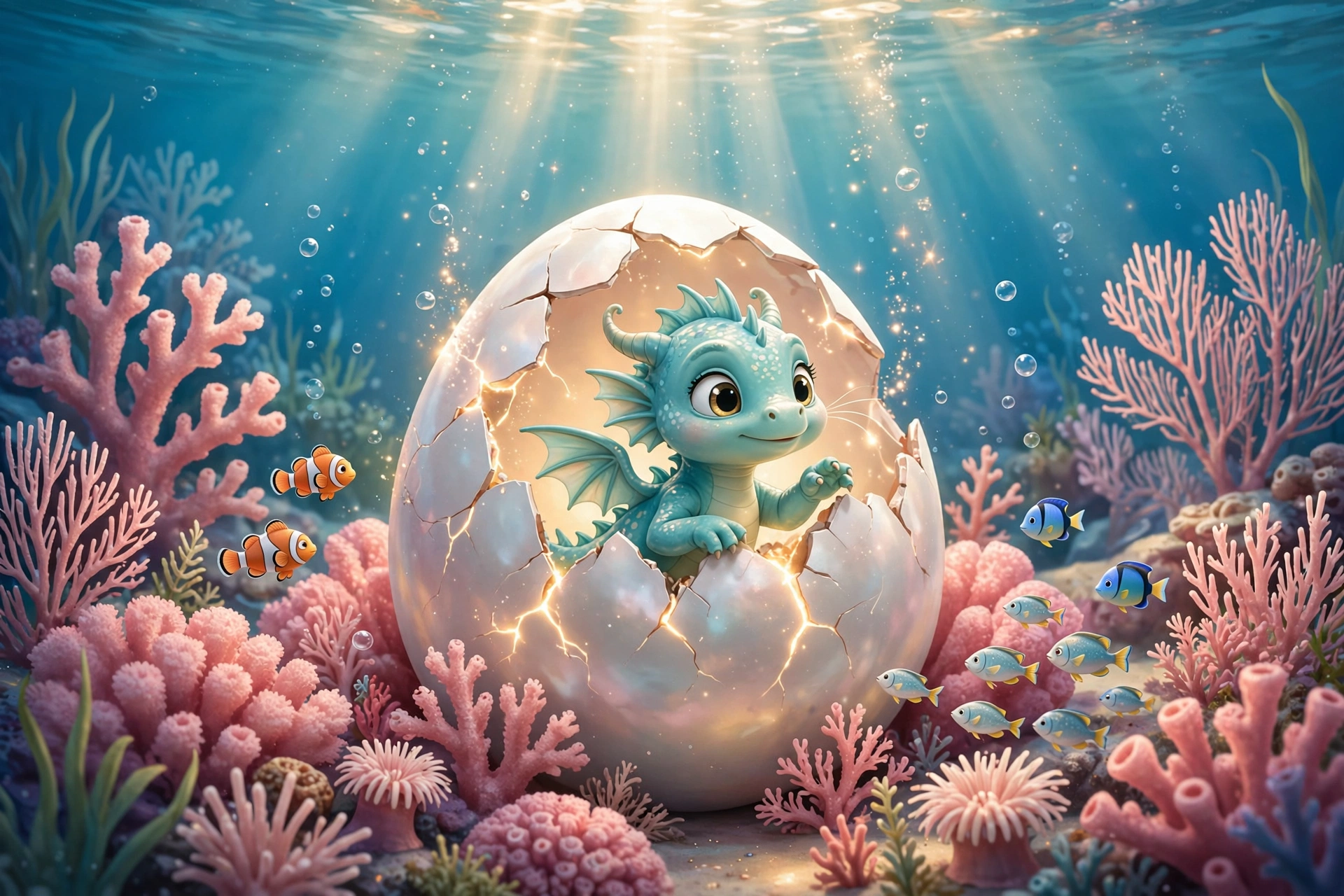A baby aquatic dragon hatching from a glowing pearl-like egg in a pink coral nursery, small reef fish gathered around