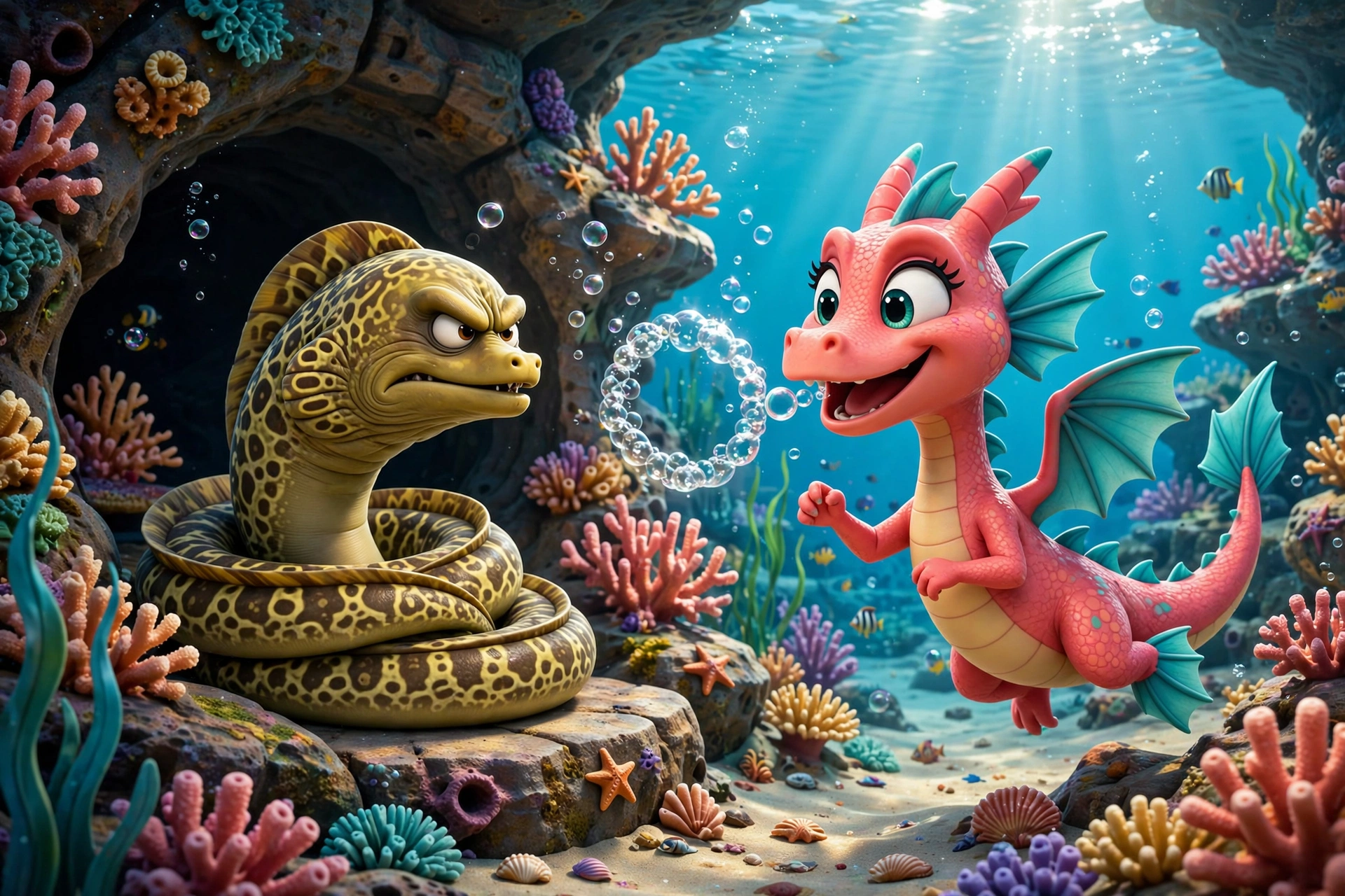 A grumpy cartoon moray eel sulking in a coral cave while Coral Splash teases him with a bubble ring