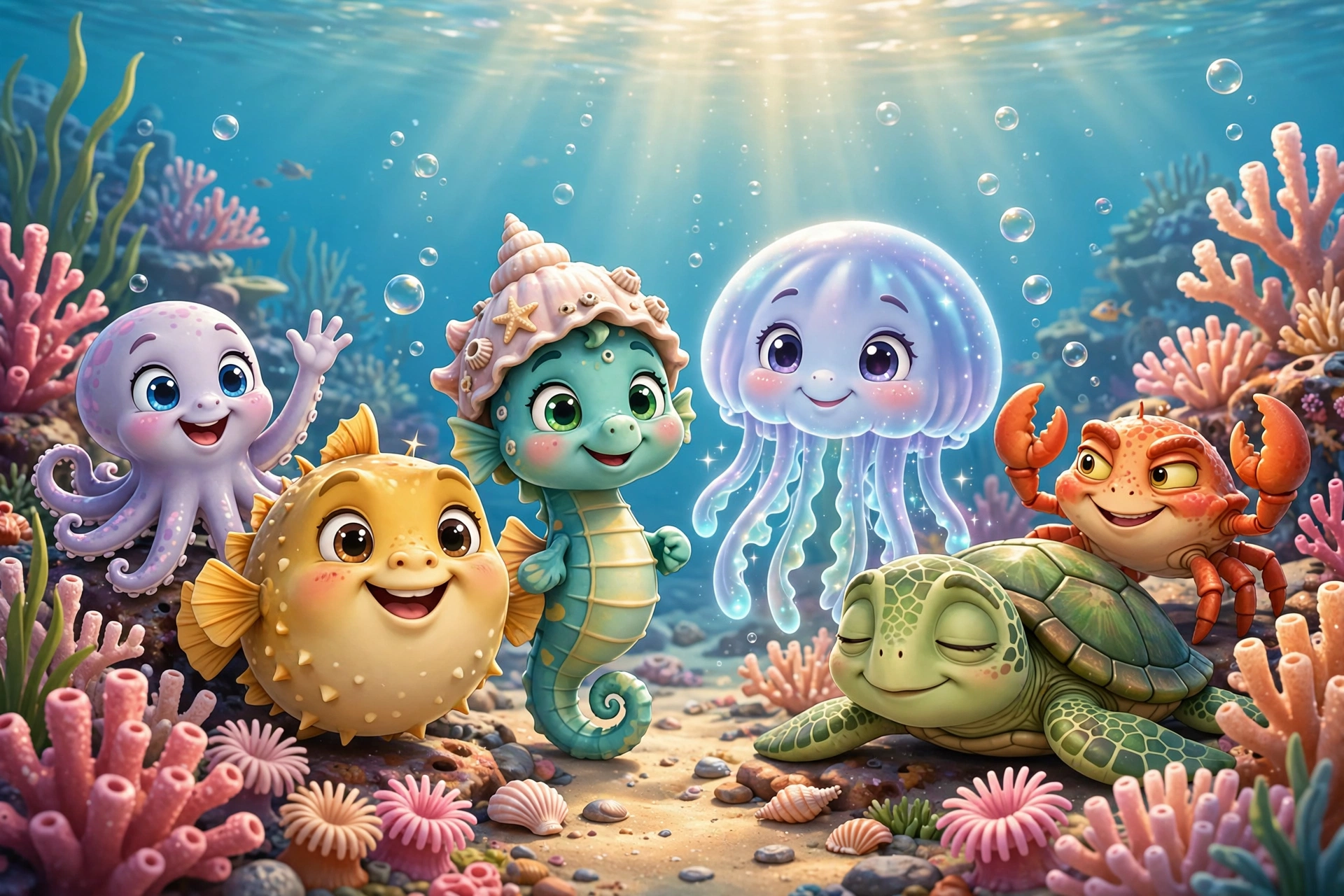 A cheerful lineup of cute cartoon sea creatures among pink corals: pufferfish, octopus, seahorse, jellyfish, turtle, crab