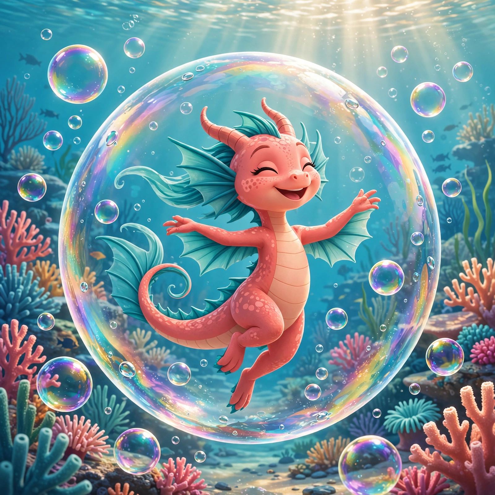 Coral Splash dancing underwater inside a giant shimmering bubble among rainbow bubbles — AI-generated dramatization art
