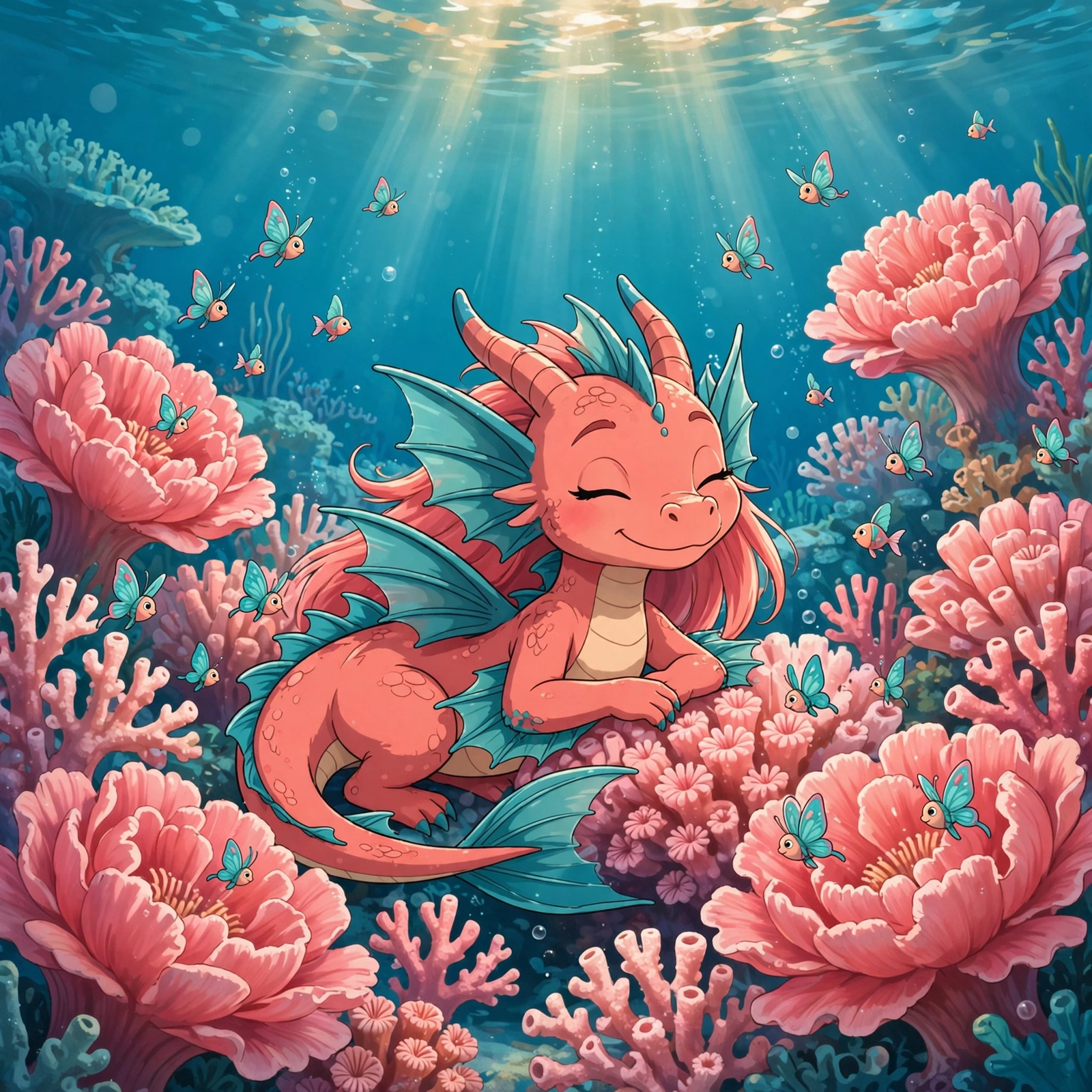 Coral Splash resting gracefully among giant blooming pink coral flowers like a garden — AI-generated dramatization art