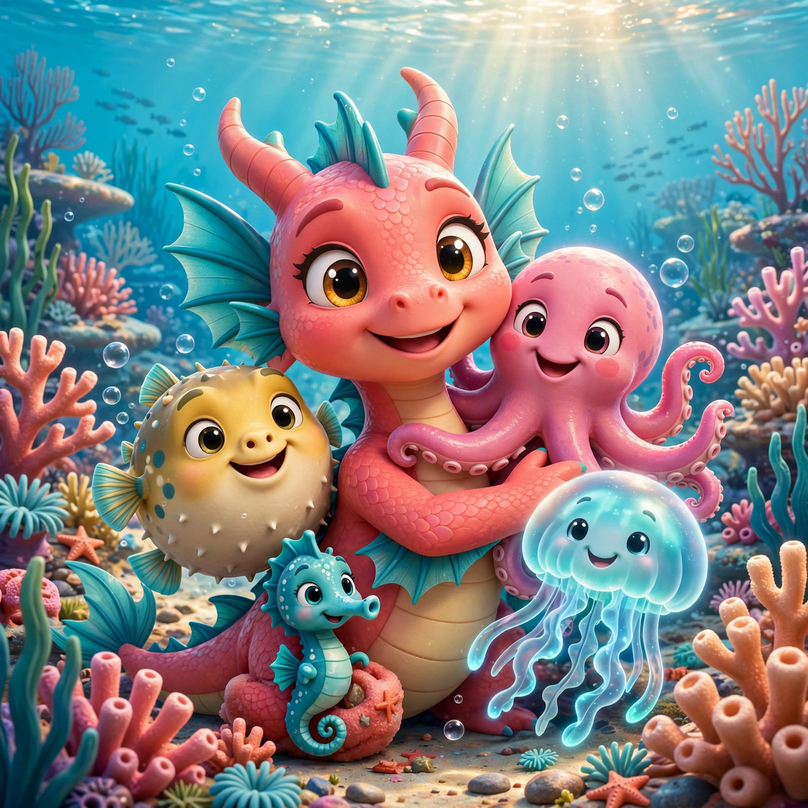 Coral Splash huddled happily with her reef creature friends — turtle, octopus, seahorse, pufferfish, jellyfish — AI-generated dramatization art
