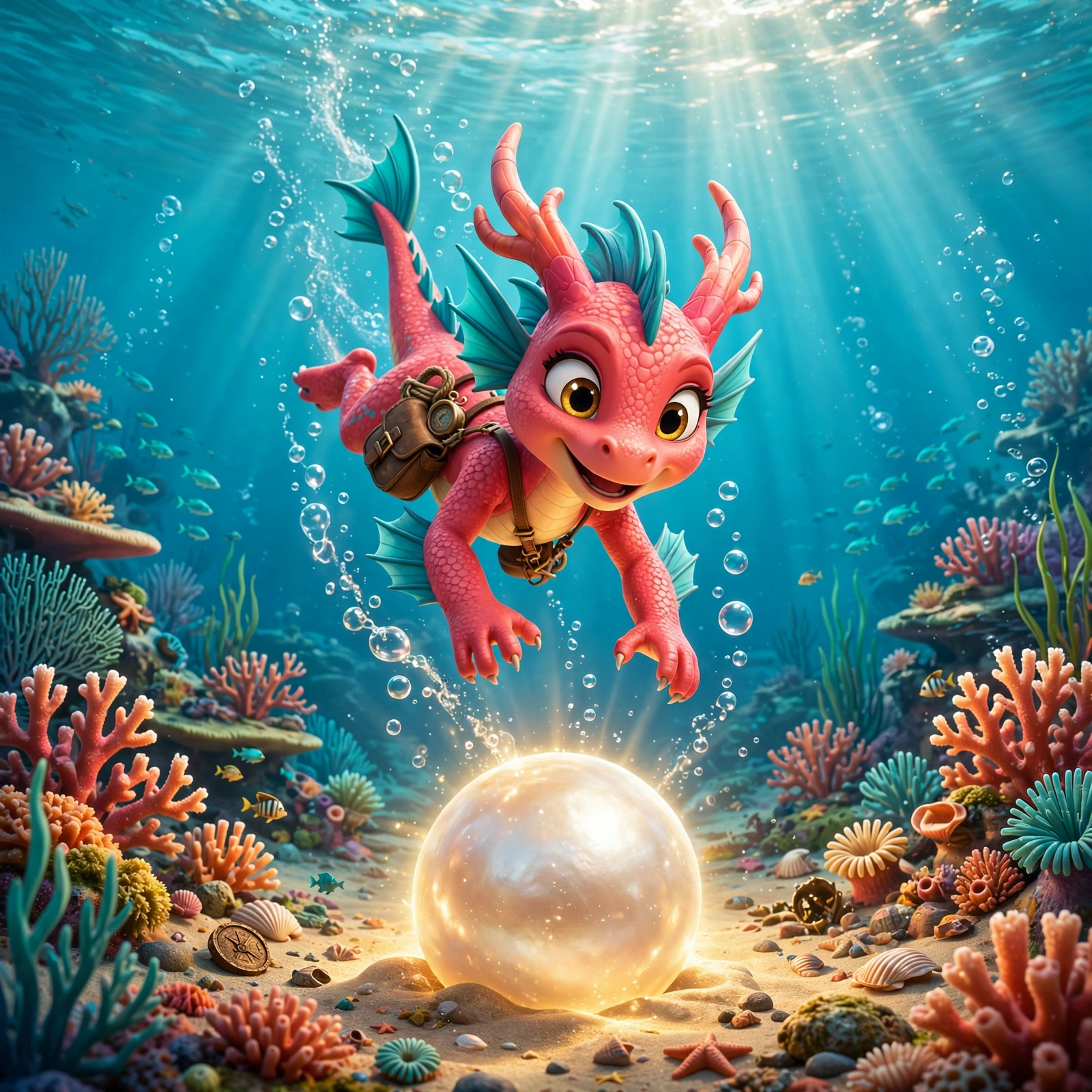 Coral Splash diving gracefully toward a giant glowing pearl on the reef floor — AI-generated dramatization art