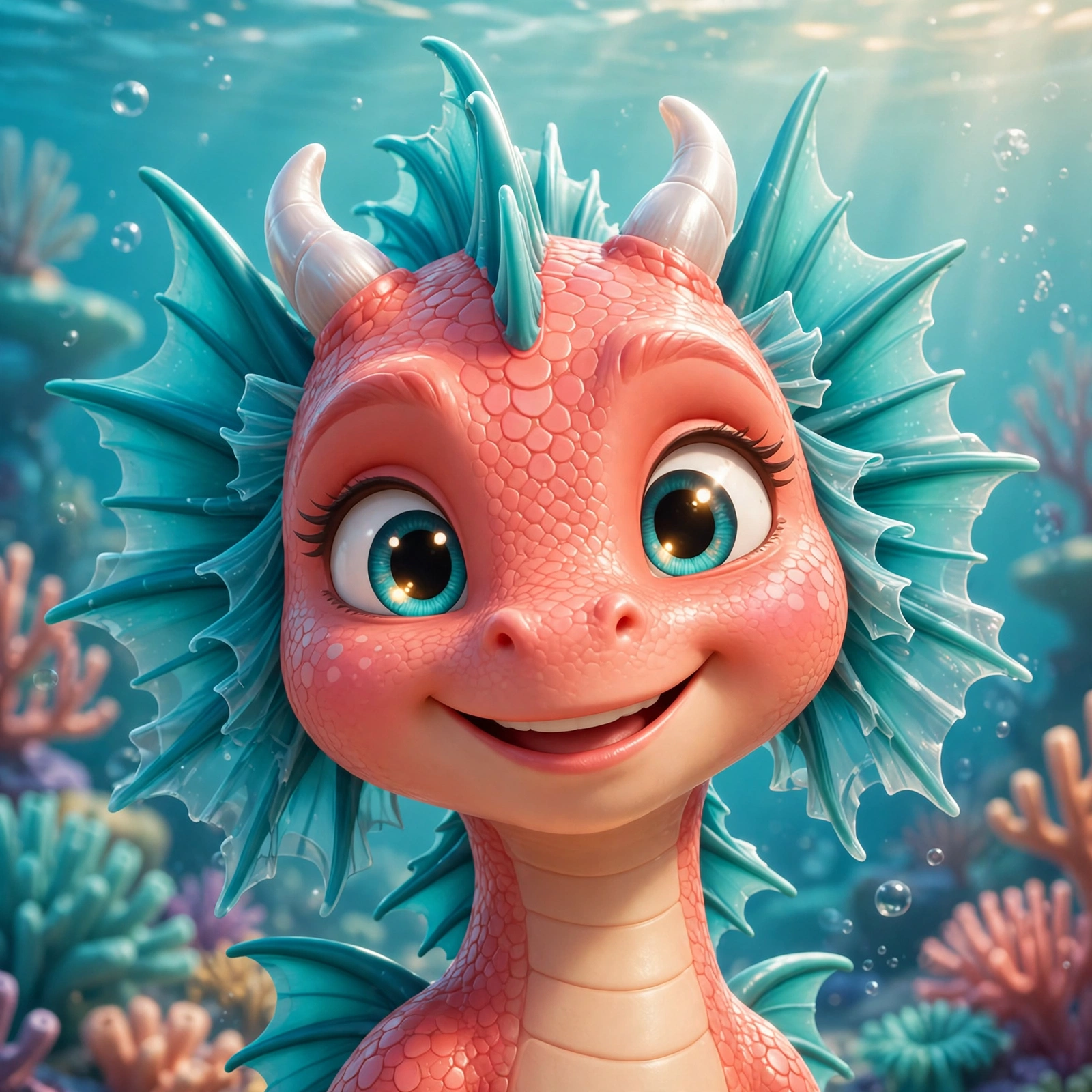 Cheerful close-up portrait of Coral Splash smiling with coral-pink scales and teal fins — AI-generated dramatization art