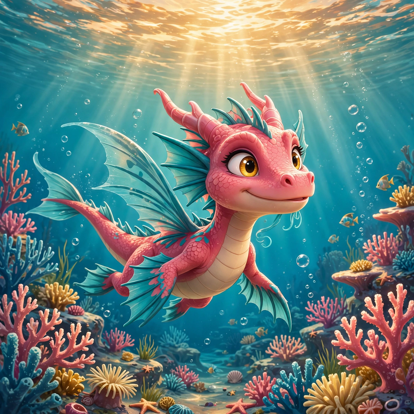 Coral Splash silhouetted against golden sunset light filtering through turquoise water over the reef — AI-generated dramatization art