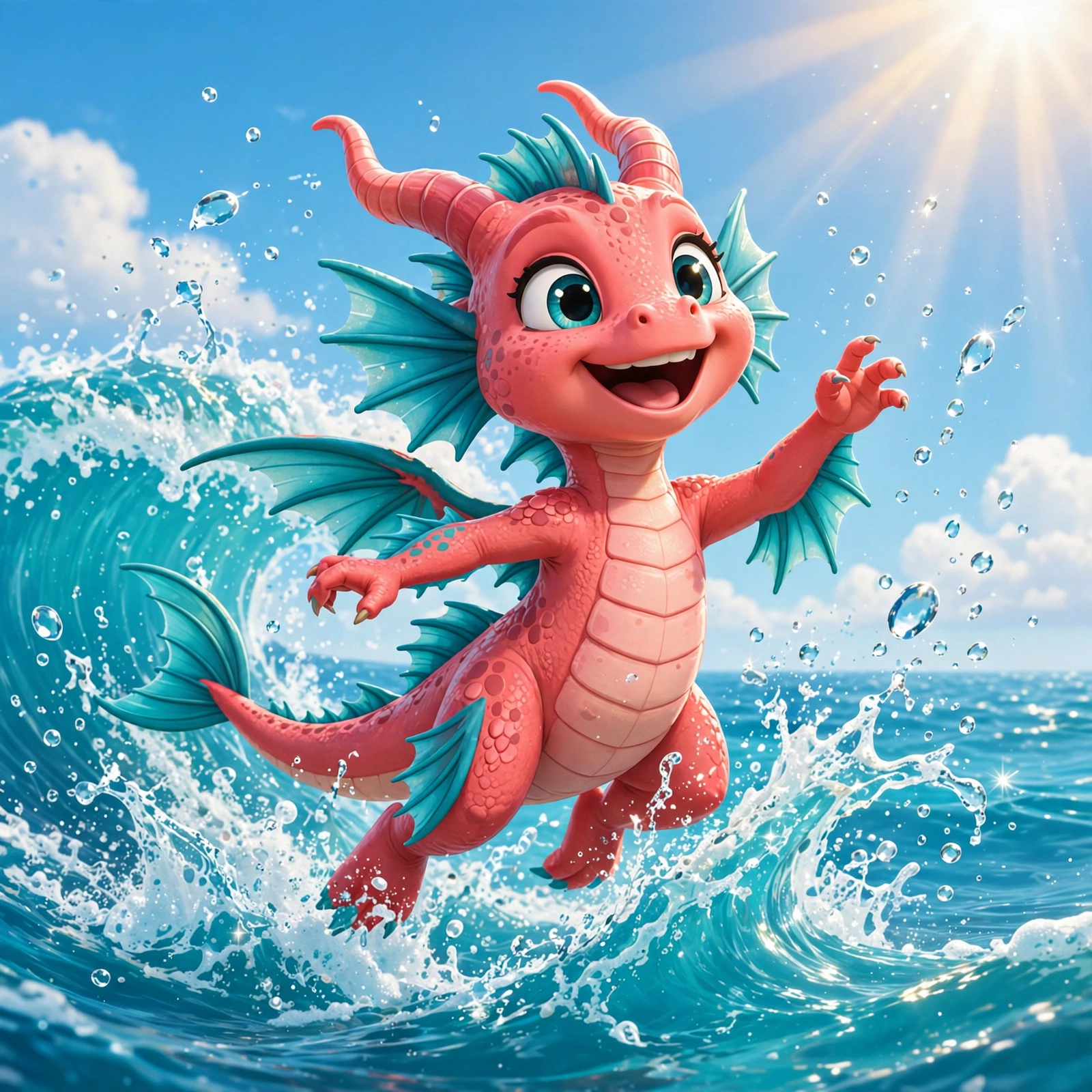 Coral Splash leaping joyfully through a sparkling turquoise wave into bright sunshine — AI-generated dramatization art