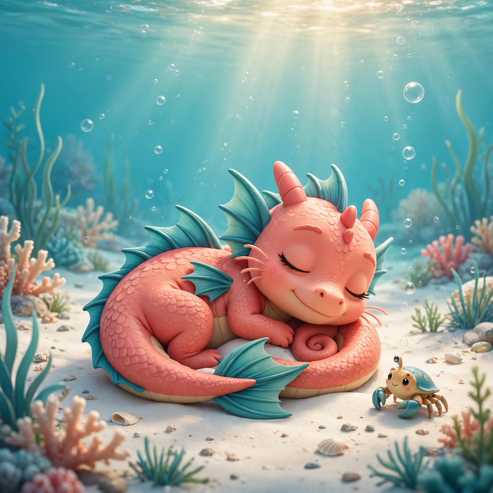 Coral Splash napping peacefully curled in a warm shaft of sunlight on white sand — AI-generated dramatization art