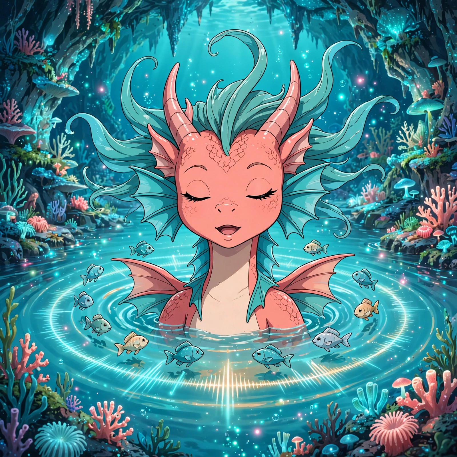 Coral Splash humming reef-song in the singing caves, sound ripples glowing through the water — AI-generated dramatization art
