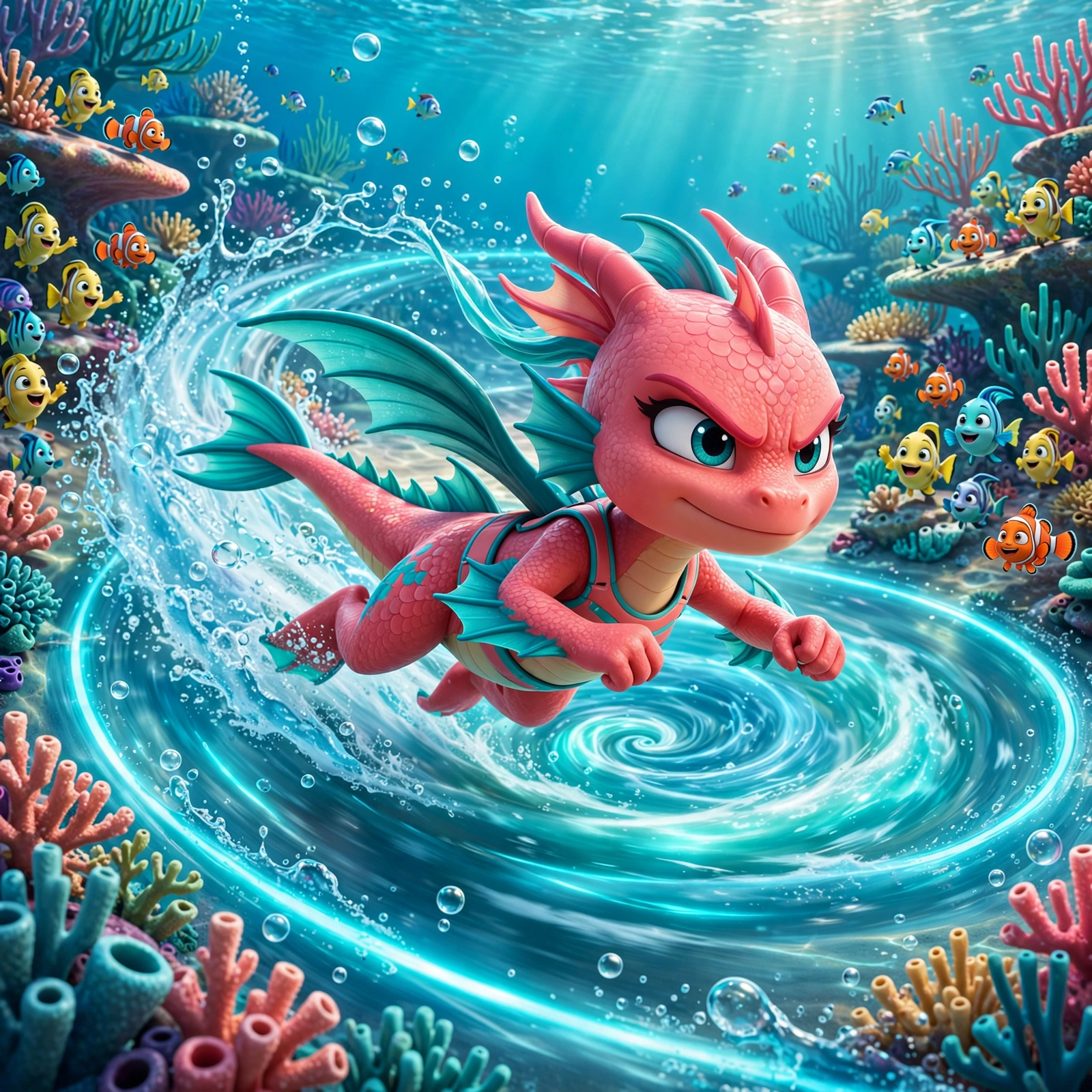 Coral Splash racing at speed around a glowing whirlpool track, bubbles streaming — AI-generated dramatization art