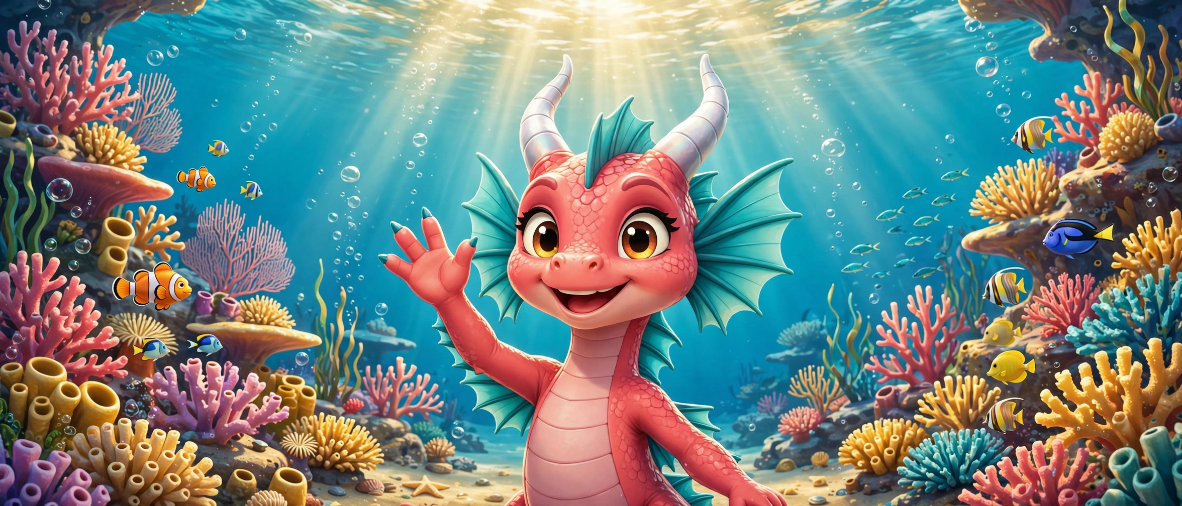 Coral Splash waving hello from a sunlit coral reef stage, bubbles rising, fish framing the scene