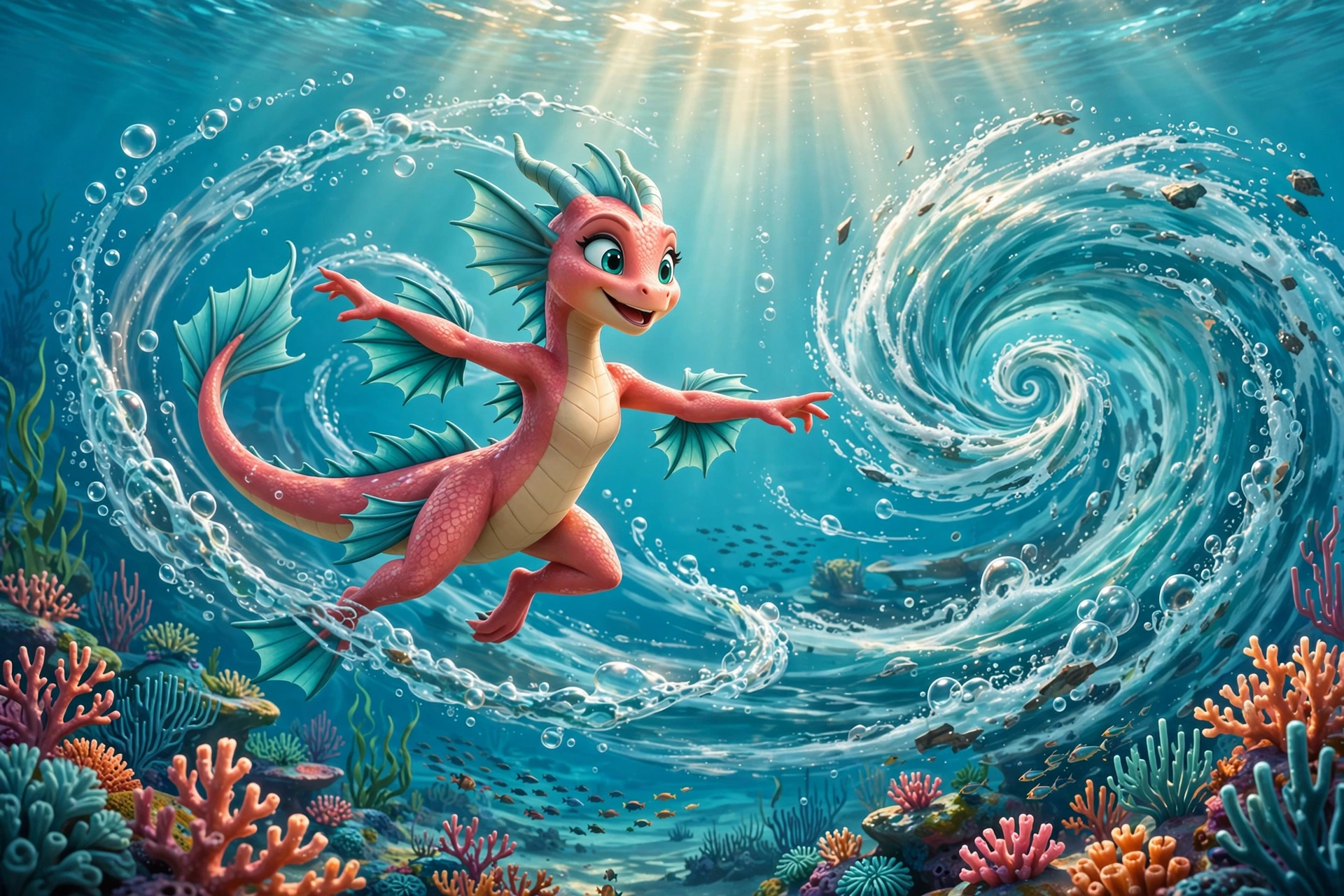 Coral Splash performing an elegant underwater combat dance, spinning through turquoise water trailing bubbles