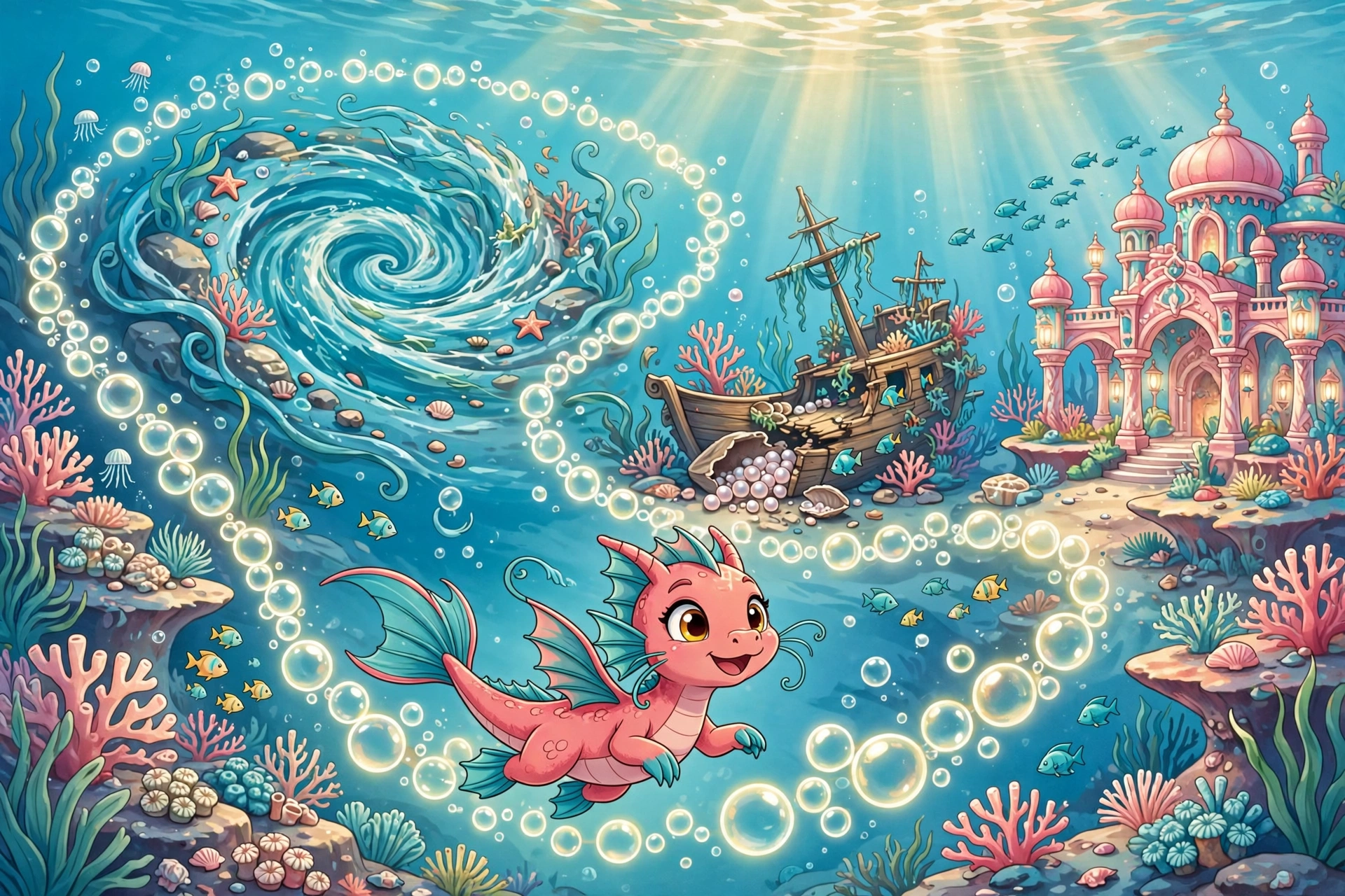 Coral Splash swimming along a winding path of glowing bubbles through different reef scenes