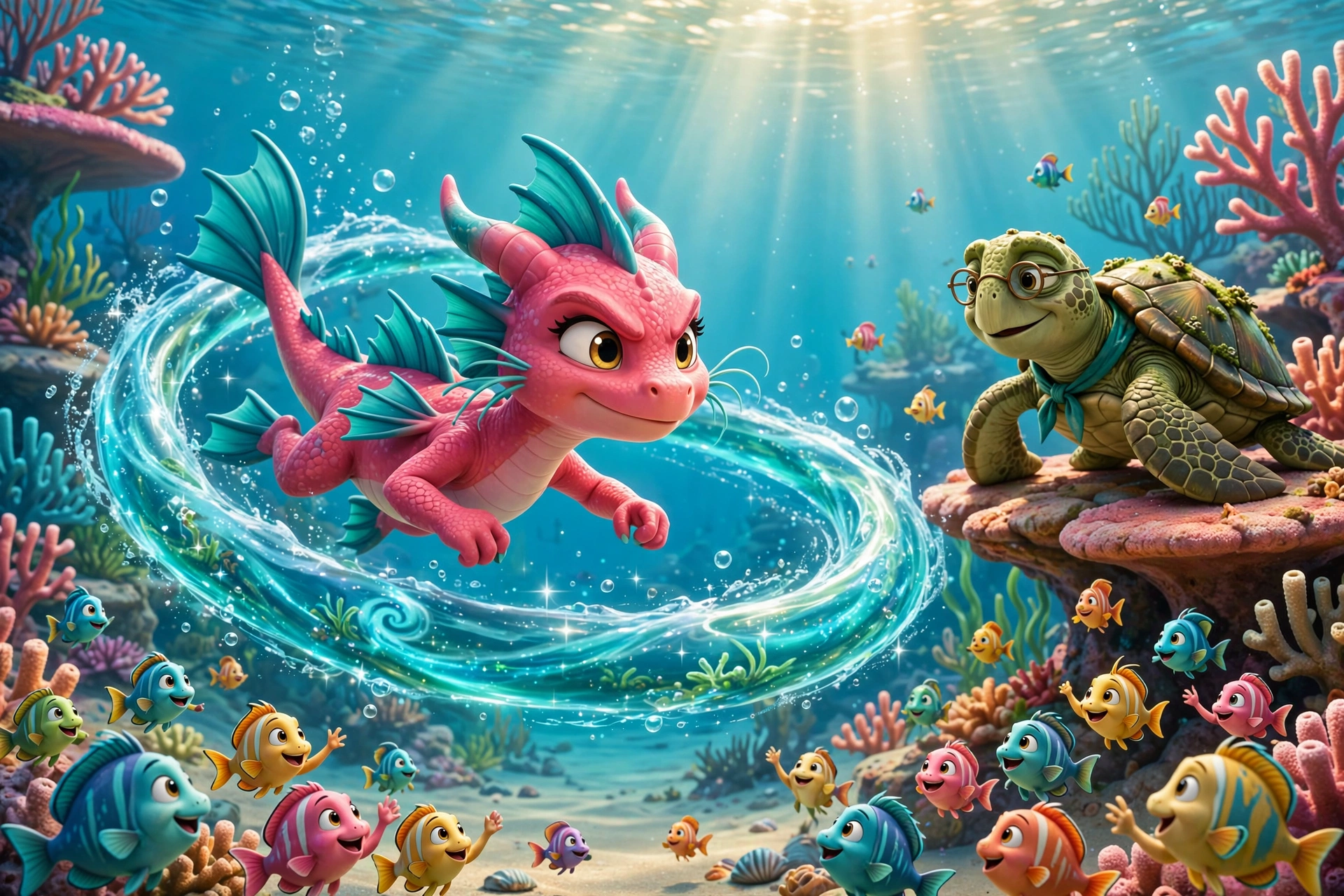 Coral Splash practicing swimming laps around a glowing whirlpool training ring, a sea turtle coach watching