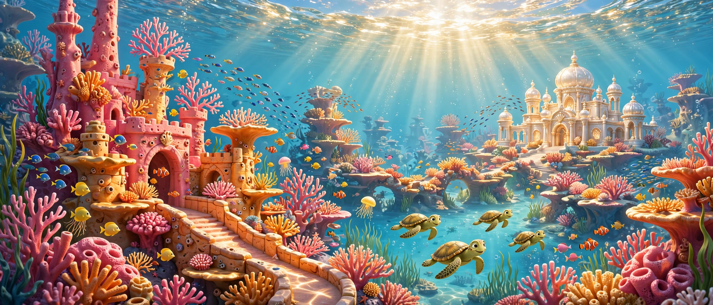 A panoramic sunlit coral reef kingdom with coral castles, sunbeams, tropical fish and a distant pearl palace