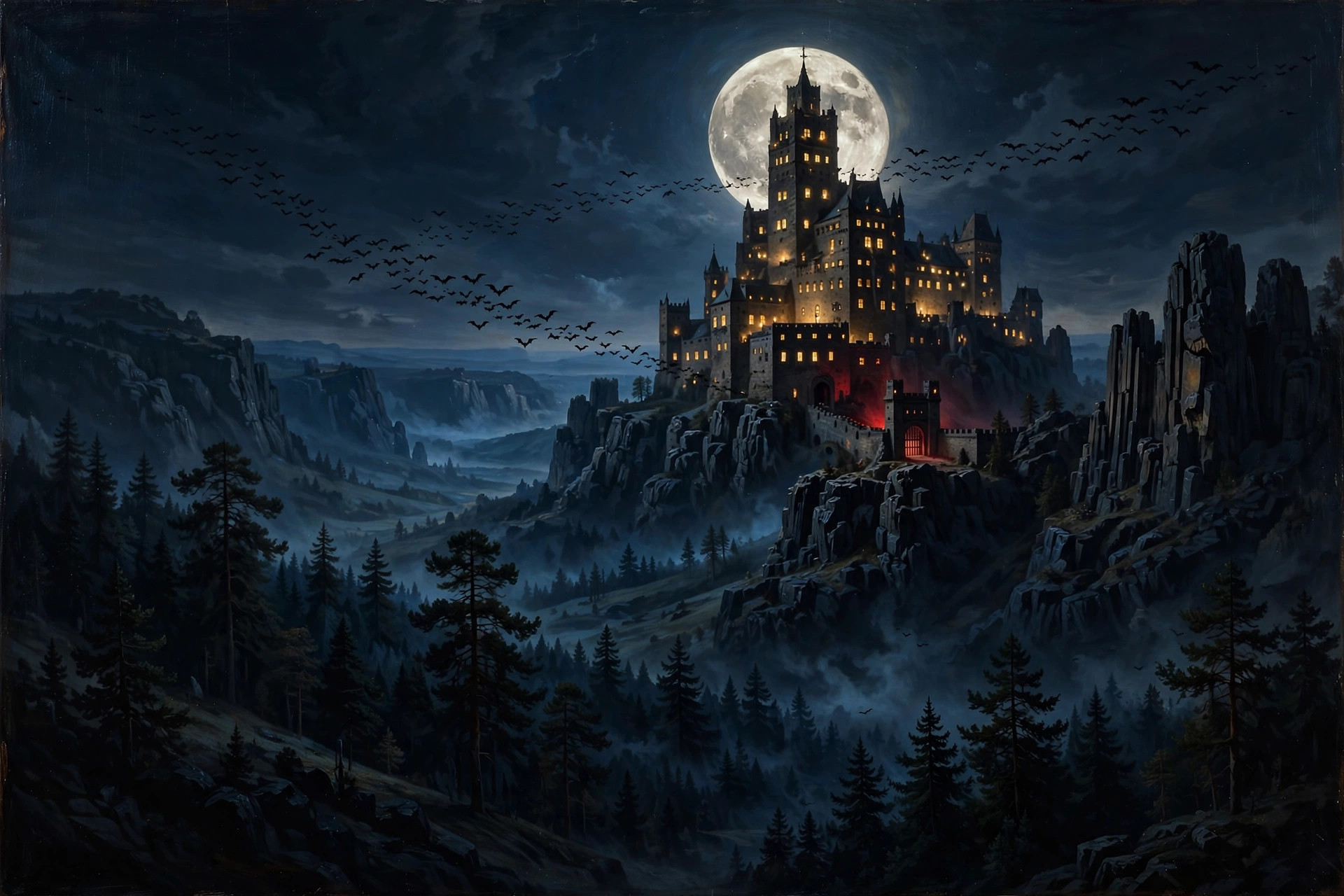 AI-generated view of an ancient Transylvanian castle beneath a full moon