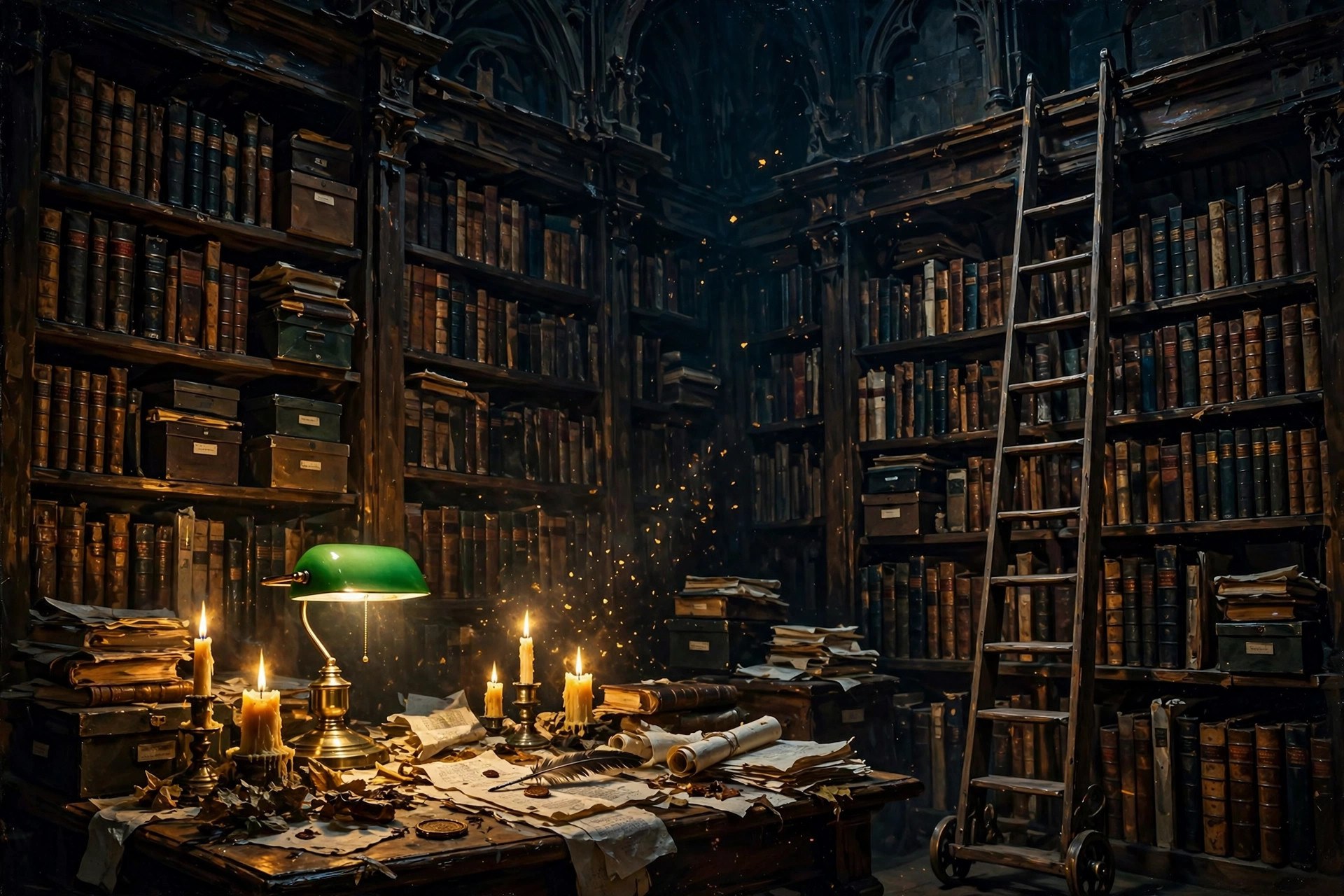 AI-generated archive shelves with old documents and candles