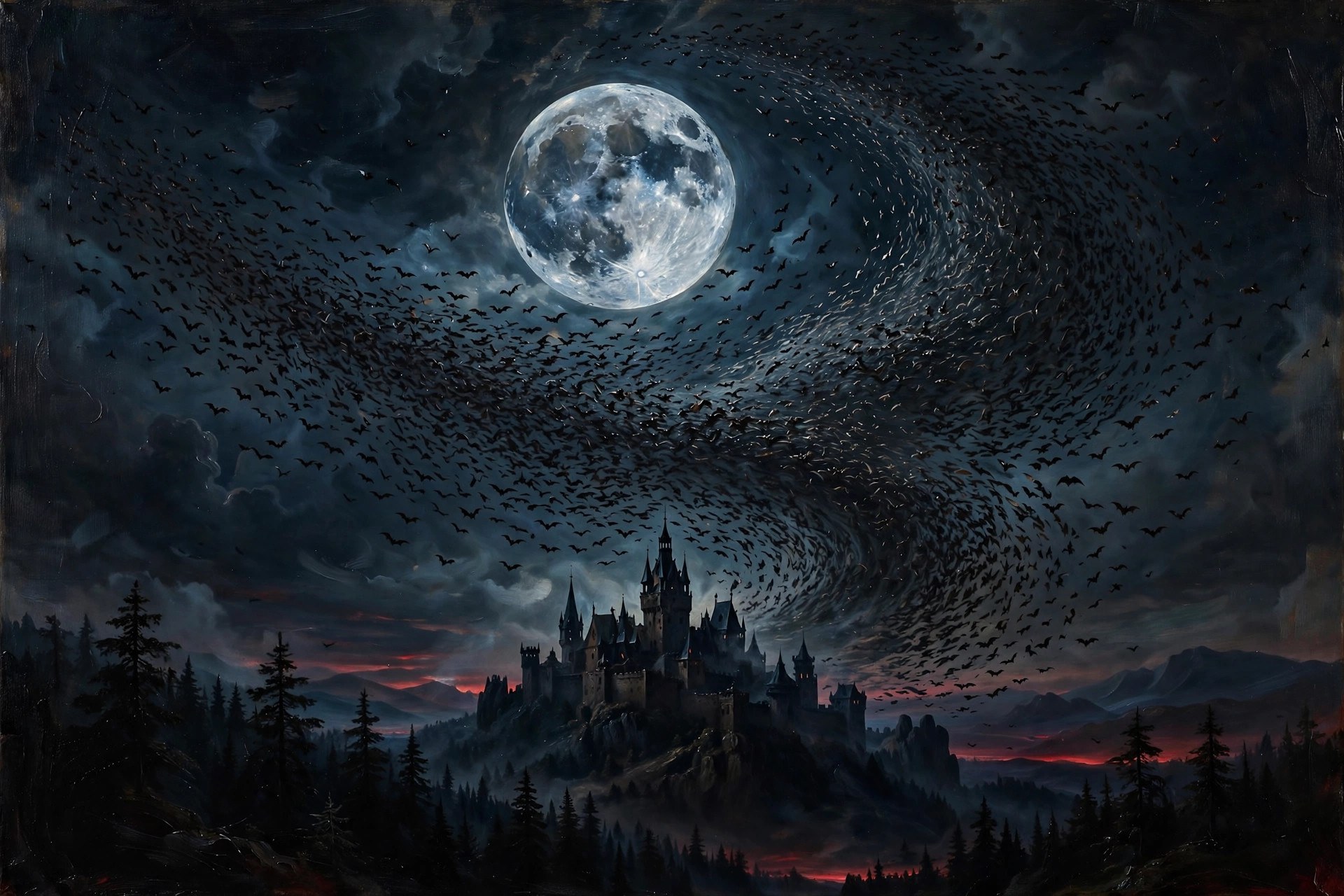 AI-generated view of a bat swarm swirling over a moonlit castle