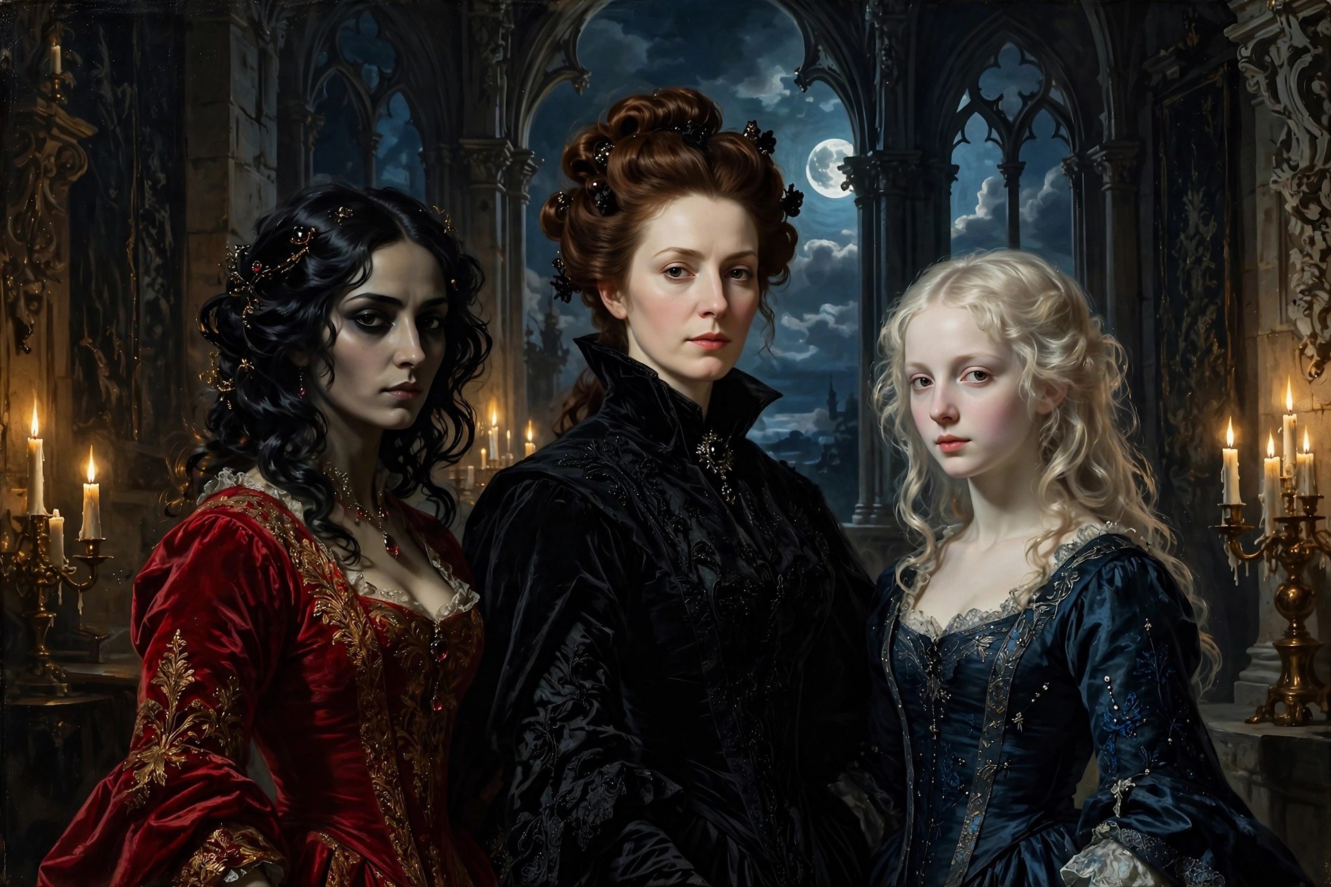 AI-generated view of three elegant vampire brides in a moonlit castle hall