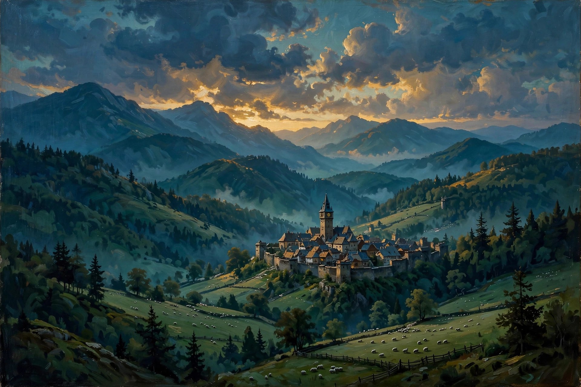AI-generated view of the Carpathian mountains at dusk
