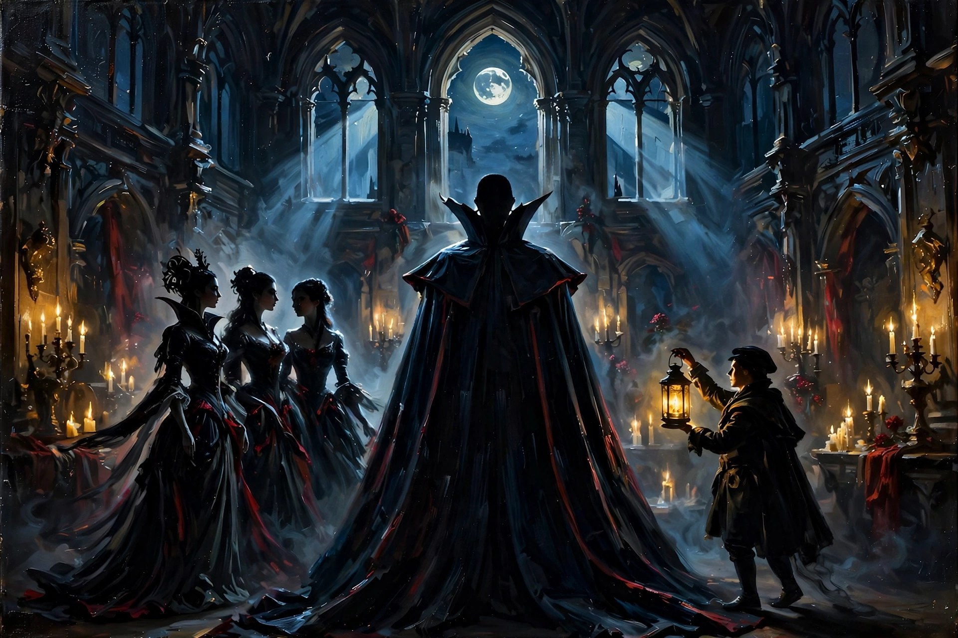 AI-generated silhouettes of the Count, the three brides, and Renfield in a moonlit hall