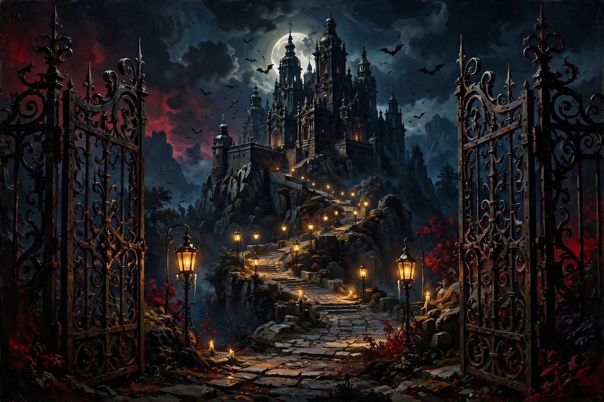 AI-generated view of the fictional castle's gates opening onto a candlelit path